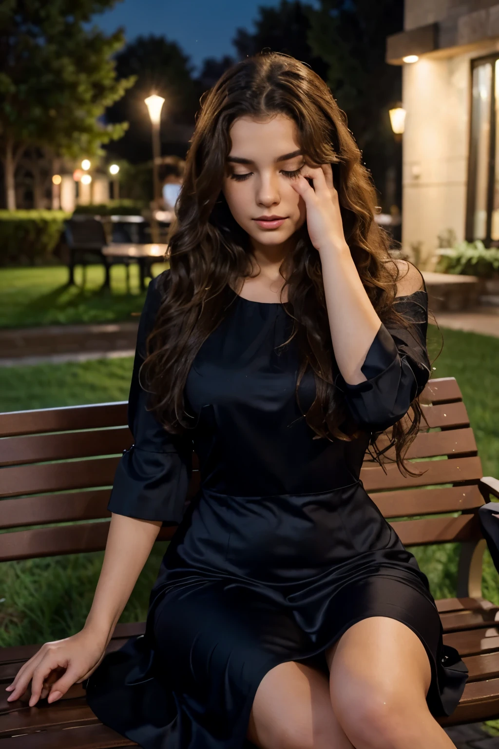 brunette with wavy hair and an evening dress at night sitting on a bench and covering her face with hair