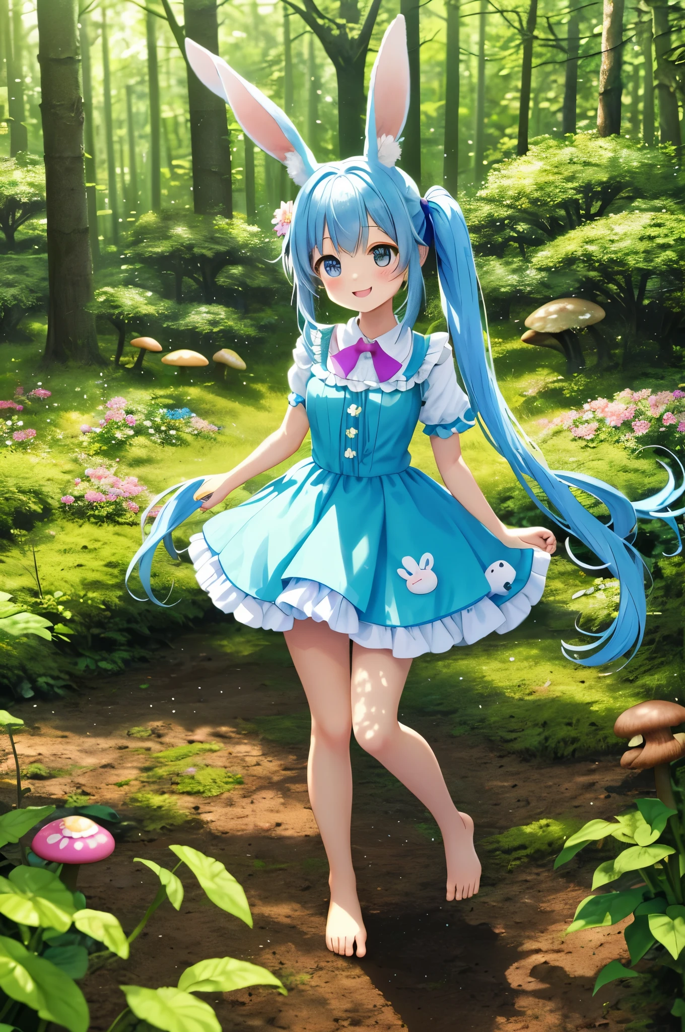 【best image quality】Easter　A fairyland full of flowers　light blue long hair、Cute girl with twin tails　rabbit ears　big easter egg　Cute rabbit　Dynamic mode　Running through a forest full of flowers　adorable smile　in the forest　forest creatures　Usagi　Subbear　squirrel　There are friends in the forest。　There are also mushrooms。Eared rabbit　barefoot　cute costumes　