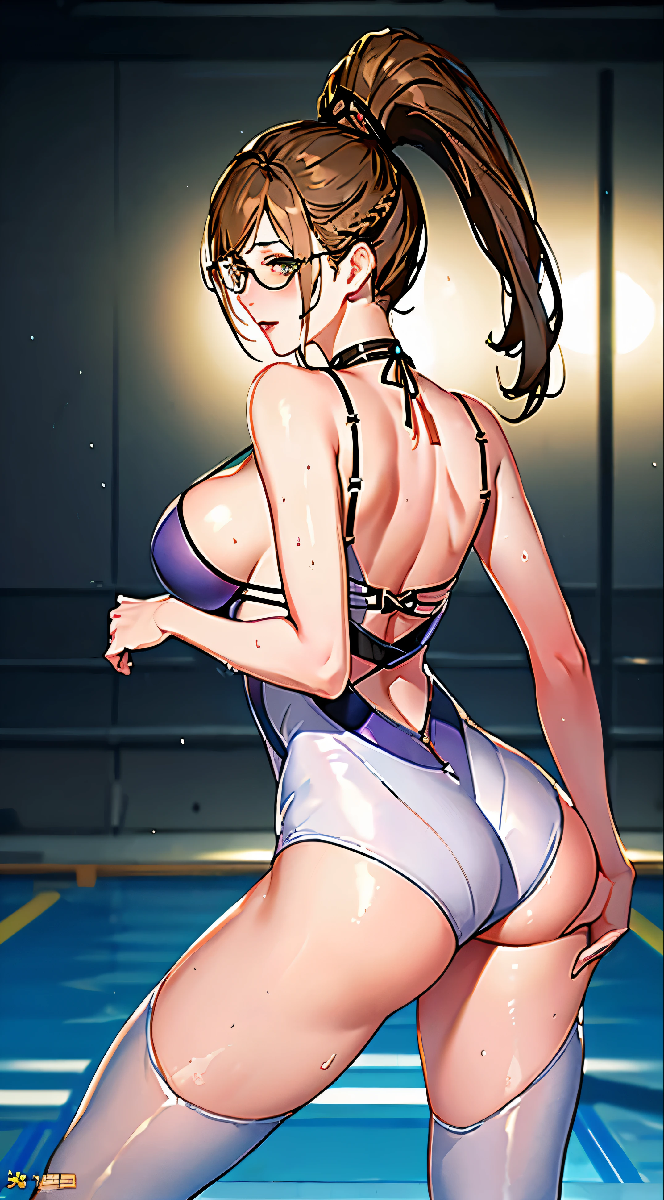 1girl, solo, bust, gaze, blush, bangs, closed mouth, standing, ass, thighs, cowgirl shot, glasses, choker, rear view, indoor, underwater, from behind, wet, one piece swimsuit, arms out, back, black choker, wading, glasses, swimsuit, braid ponytail, white one piece swimsuit, high leg swimsuit, pool, poolside full body, high resolution, super detailed, high definition CG Unity 8k wallpaper, realistic, photorealistic, RAW photo, white skin, realistic glowing skin, detailed hair texture, accurate, anatomically correct, highly detailed face and skin texture, natural neck length, (beautiful skin: 1. 2 ), beautiful legs, folded eyes, narrow eyes, symmetrical eyes, light brown eyes, double eyelids, fine eyebrows, (glowing lips: 1.4), ((gently blushing: 1.2)), (slender figure: 1. 1), toned abs, cool beauty, large lustrous bust, beautiful detailed eyes, smile, beautiful woman, perfect waist, gorgeous, perfect bust, (((perfect legs))), perfect body, perfect face, (((legs wide open))), (correct arm length), (correct arm ratio)),, correct leg shape, number of correct leg proportions, toes, (no suit)), (((pantyless, bra-less ))))), body without defects, two legs, balanced buttocks size,