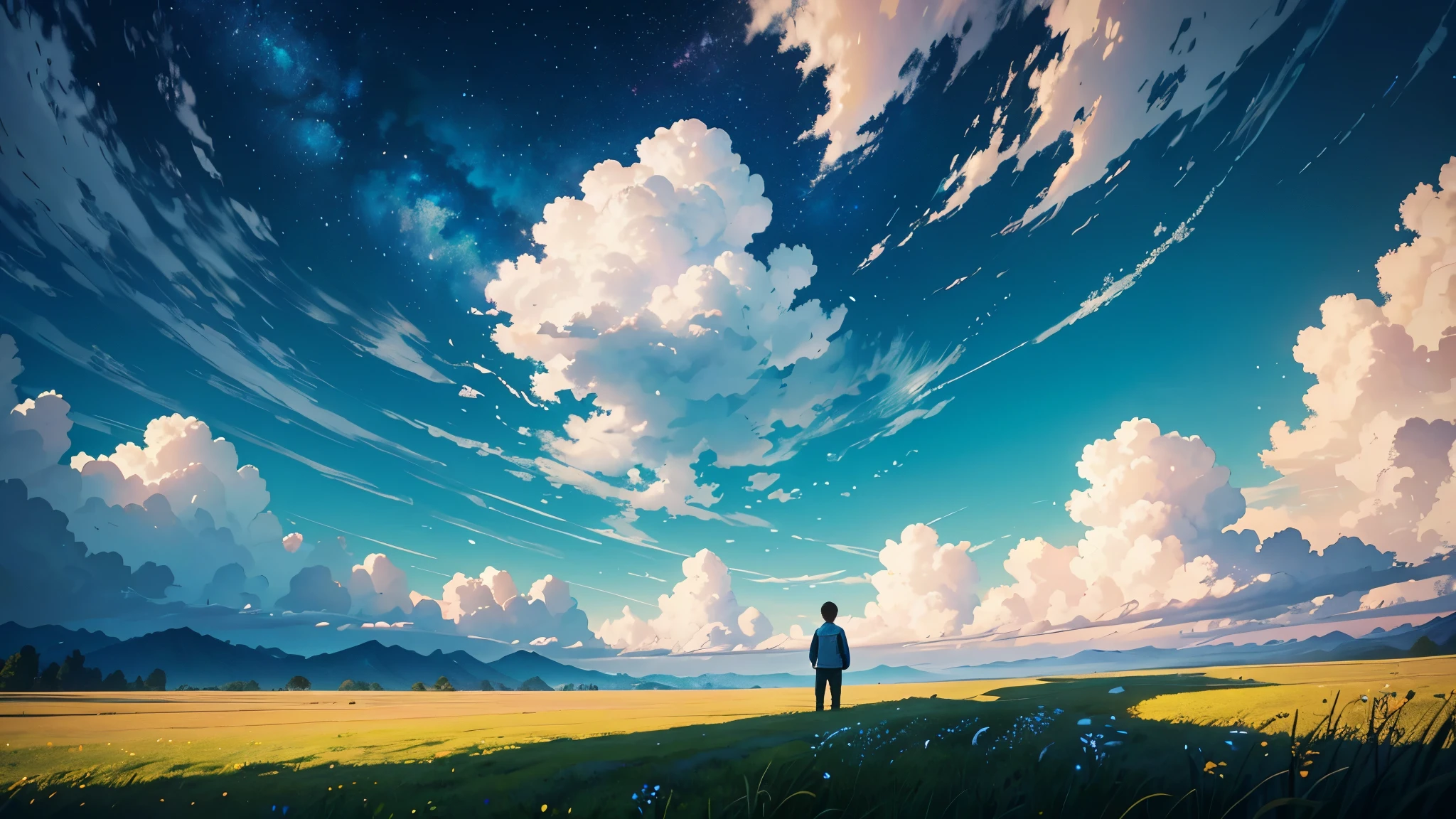 Alone amidst the vast expanse of a wide green field, a solitary boy stands, his gaze fixed upon the boundless canvas of the sky above. The field stretches out before him like an emerald sea, its lush grasses swaying gently in the breeze, as if whispering secrets to the heavens.
Above, the sky unfolds in all its splendor—a canopy of azure blue adorned with wisps of cotton-white clouds that drift lazily across the horizon. The sun, a radiant orb of golden light, casts its warm rays down upon the earth, bathing the landscape in a soft, ethereal glow.
As the boy looks upward, he sees the clouds drifting by, each one a fleeting masterpiece painted by the hand of nature. Some are wispy and delicate, like brushstrokes upon a canvas, while others are billowing and voluminous, casting shadows upon the earth below.
Beyond the clouds, the infinite expanse of the heavens stretches out in all directions, a realm of boundless possibility and wonder. The boy feels as though he can reach out and touch the stars, their distant light twinkling like diamonds against the velvet backdrop of space.
In this moment of quiet contemplation, surrounded by the beauty of the natural world, the boy feels a sense of peace and serenity wash over him. It's as if time itself has slowed, allowing him to fully appreciate the beauty and majesty of the world around him—a world filled with endless wonders waiting to be discovered. And as he stands there, gazing up at the sky, he knows that he is part of something greater than himself—a part of the magnificent tapestry of creation that stretches out before him, reaching to infinity and beyond.