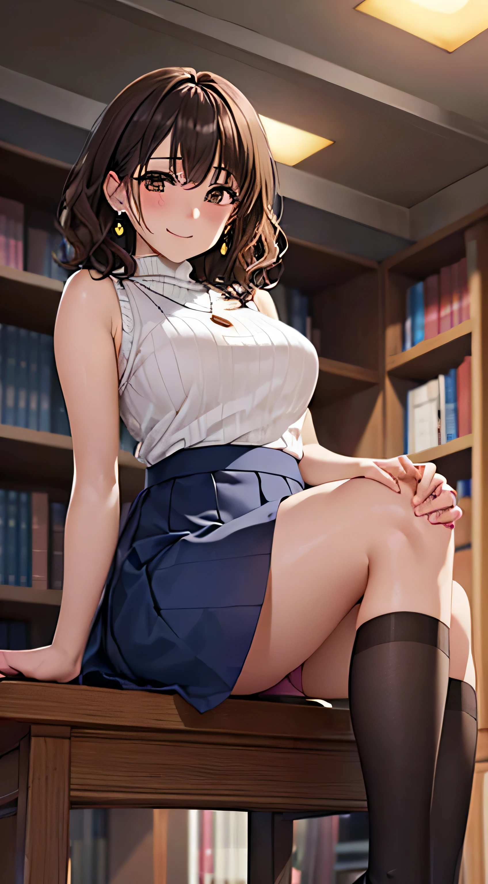 (table top, highest quality, High resolution, , perfect pixel, 4k,), 1 girl, single, alone, Beautiful woman、I could see the whole body、 ((wavy short hair, bangs, brown hair)), ((brown eyes, beautiful eyelashes, realistic eyes)), ((detailed face, blush:1.2)), ((smooth texture:0.75, realistic texture:0.65, realistic:1.1, Anime CG style)), medium breasts, dynamic angle, perfect body, ((, female teacher, , earrings、necklace、Beige turtleneck sleeveless sweater、dark blue long flared skirt、black knee high stockings、open both legs wide、、shy smile、sit at the desk in the library、flip up the skirt with both hands)), 、、、evening、、(Pink lace panties are visible、、、angle from below)、