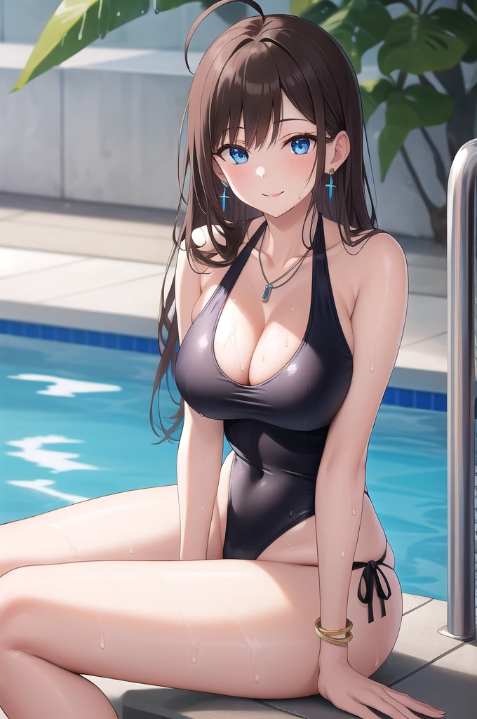 masterpiece, best quality, a beautiful sexy mature woman in thong black swimsuit posing at the blue bench of poolside, 1girl, breasts, sexy swimsuit, side cut-out, jewelry, solo, earrings, multiple tied, looking at viewer, halter neck, black one-piece swimsuit, smile, cleavage, wet hair, arm support, Hayase Chitose,Ahoge,long hair,brown hair,side lock,bangs,blue eyes,jewelry,necklace,