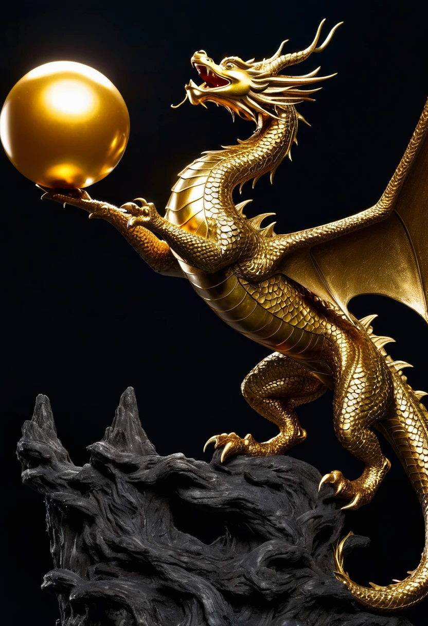 Bronze dragon with golden ball about to run up to the sky in the dark night, light source from a single point, dragon of hope, detail image