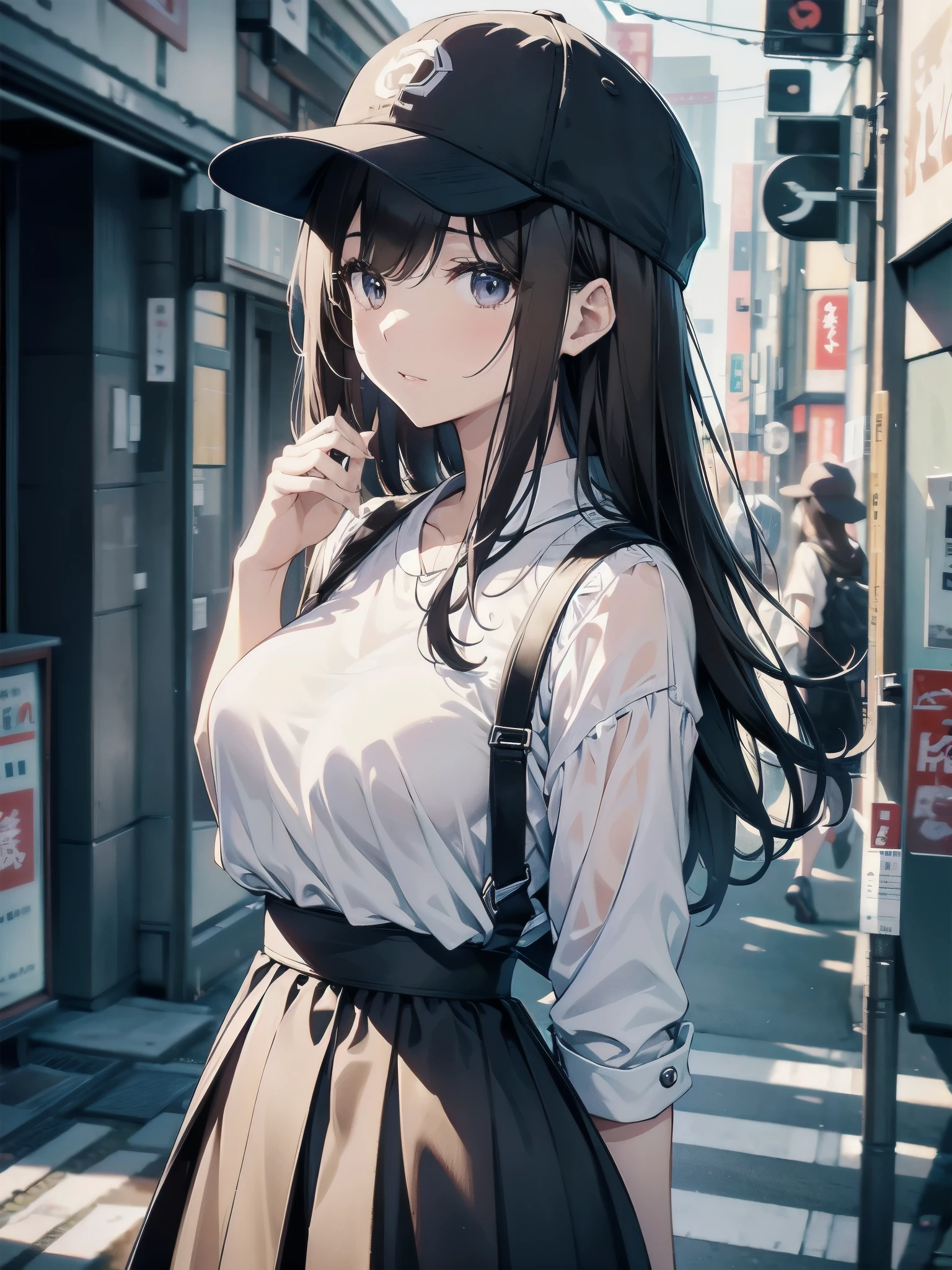 A 28-year-old Japanese woman is walking down the street.、she is wearing casual clothes、She wears a cap with a black brim and a white front.、she is wearing a long black skirt、She is wearing a peplum blouse、She's looking at us、She is a slender woman with dark brown hair and a fluffy long bob.、small breasts、slender、A cup breasts、An illustration、二次元An illustration、Japan anime、drawn by Japanese ilastrator、high resolution、4K quality、high quality、High resolution、5 million pixels、high detail、