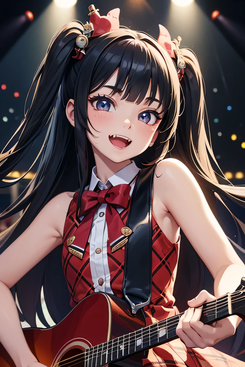 (best quality:1.2), masterpiece,kawaii,One -yeld idultra-detailed face,cute detailed eyes,(fang),Double Tooth,sing,smile,play the guitar,Sleeveless red Burberry check idol costume,Cufflinks,black hair,straight hair,blunt bangs,two side up,On stage in a live house