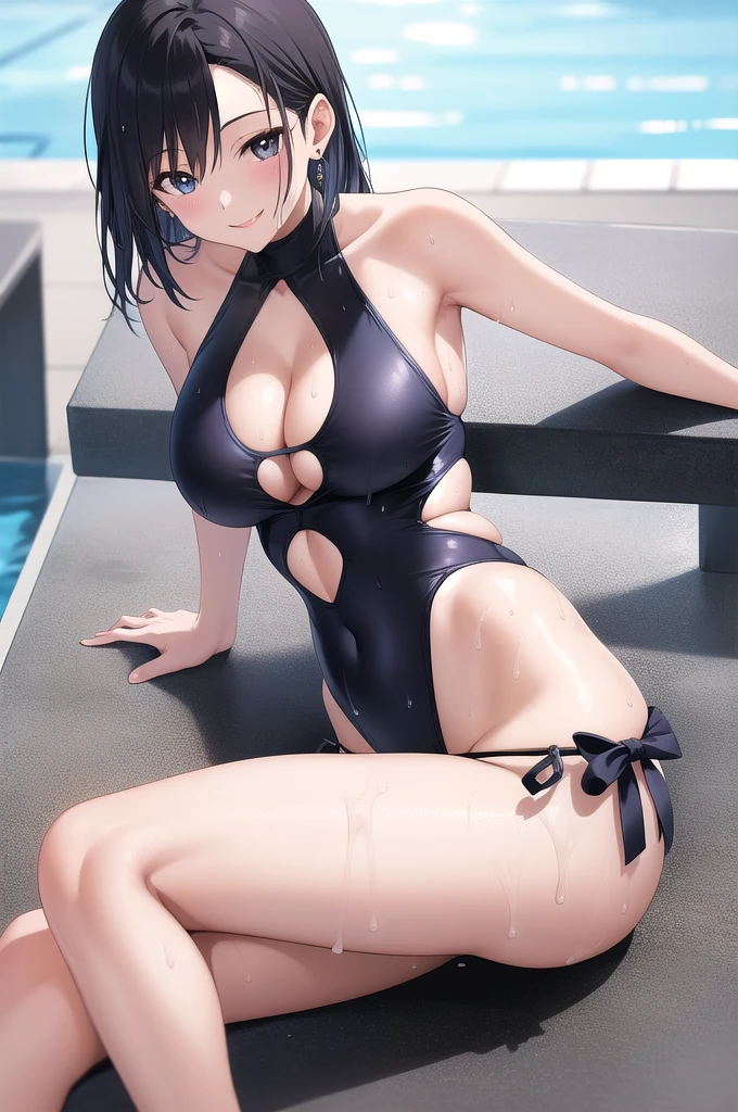 Hayase Chitose, masterpiece, best quality, a beautiful sexy mature woman in thong black swimsuit posing at the blue bench of poolside, 1girl, breasts, sexy swimsuit, side cut-out, jewelry, solo, earrings, multiple tied, looking at viewer, halter neck, black one-piece swimsuit, smile, cleavage, wet hair, arm support, 