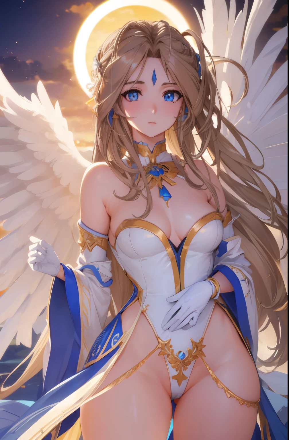 White lace realistic panties , Belldandy, long hair, blue eyes, brown hair, traces of face, Forehead mark, gloves, wing, choker, bracelet, ring, feather, angel wing, side view:0.6, (for rest:1.1), stand, 20-year-old,, ,masterpiece ,8k unity wallpaper,detailed eyes,detailed face,detailed skin,anime key visual, ,highest quality, High resolution, unity 8k wallpaper, (figure:0.8), (detailed and beautiful eyes:1.6), highly detailed face, perfect lighting, Highly detailed CG, (perfect hands, perfect anatomy),masterpiece,High resolution,perfect anatomy,anime key visual,Kyoto animation,(detailed and beautiful eyes,glowing eyes,detailed hair,detailed skin,detailed wear ),highest quality,unity 8k wallpaper,super dense skin,white skin,best quality,blurry_background