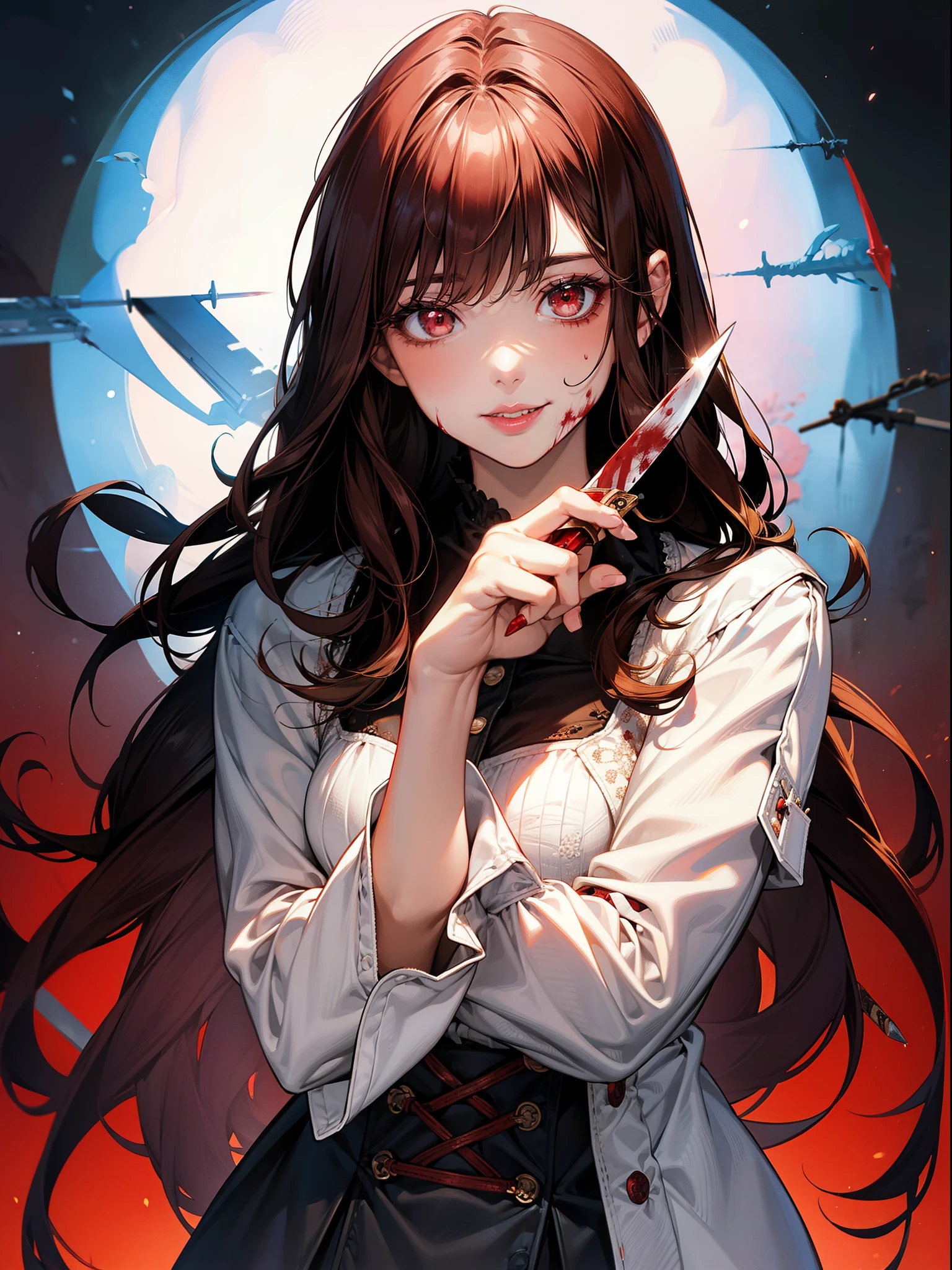 Unpleasant smile of a girl who loves knive、Psychopath horror, brown hair, big lips, blood on face, ((holding knife)), juicy lips, big , holding knife by the handle, full body,red eyes long hair