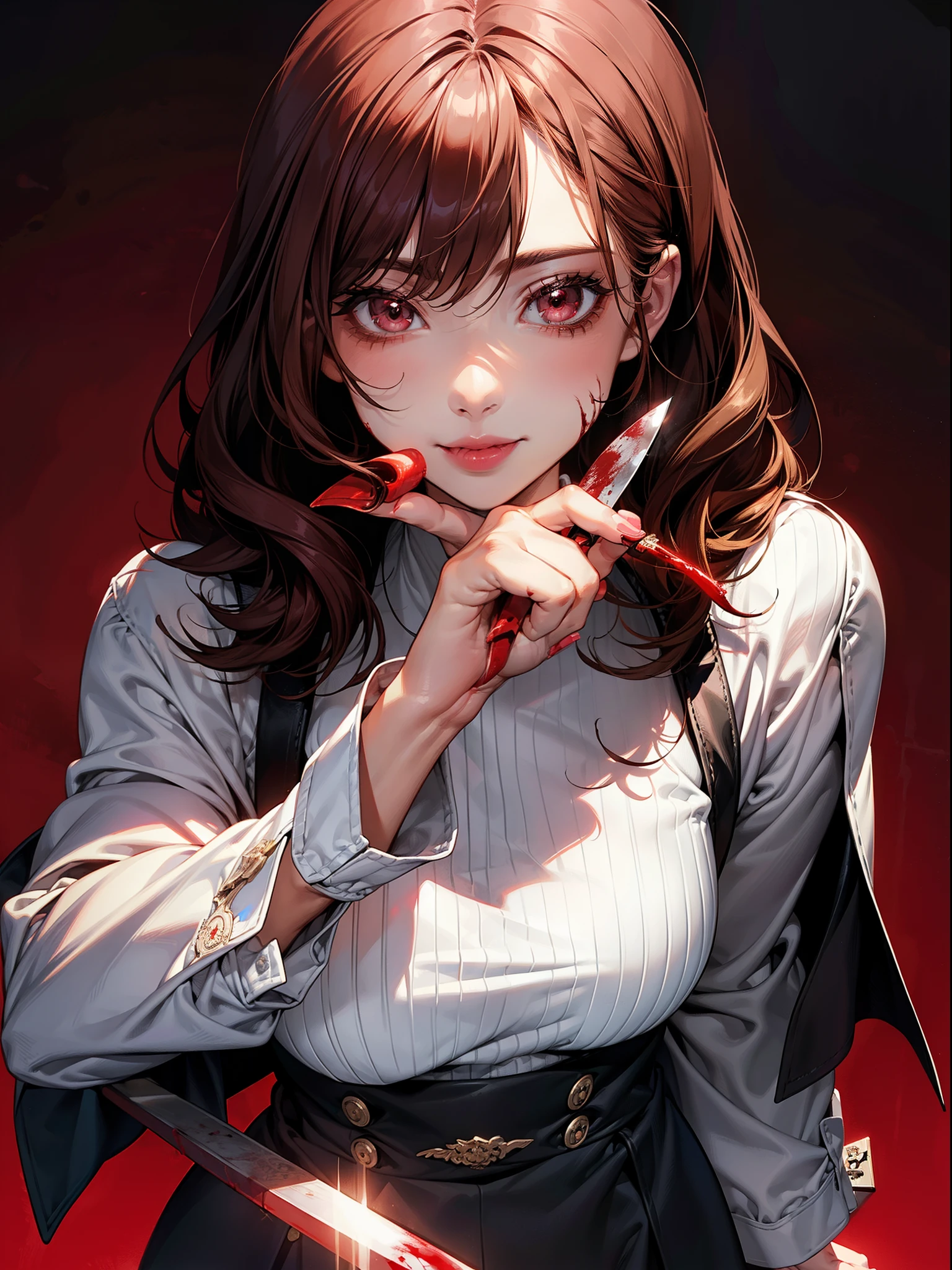 Unpleasant smile of a girl who loves knive、Psychopath horror, brown hair, big lips, blood on face, ((holding knife)), juicy lips, big , holding knife by the handle, full body,red eyes long hair