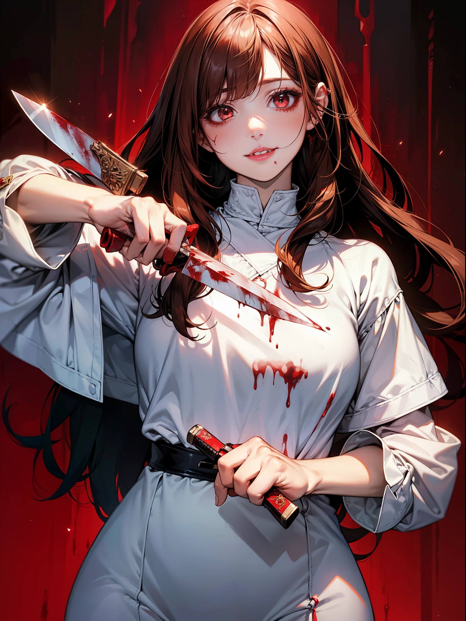 Unpleasant smile of a girl who loves knive、Psychopath horror, brown hair, big lips, blood on face, ((holding knife)), juicy lips, big , holding knife by the handle, full body,red eyes long hair