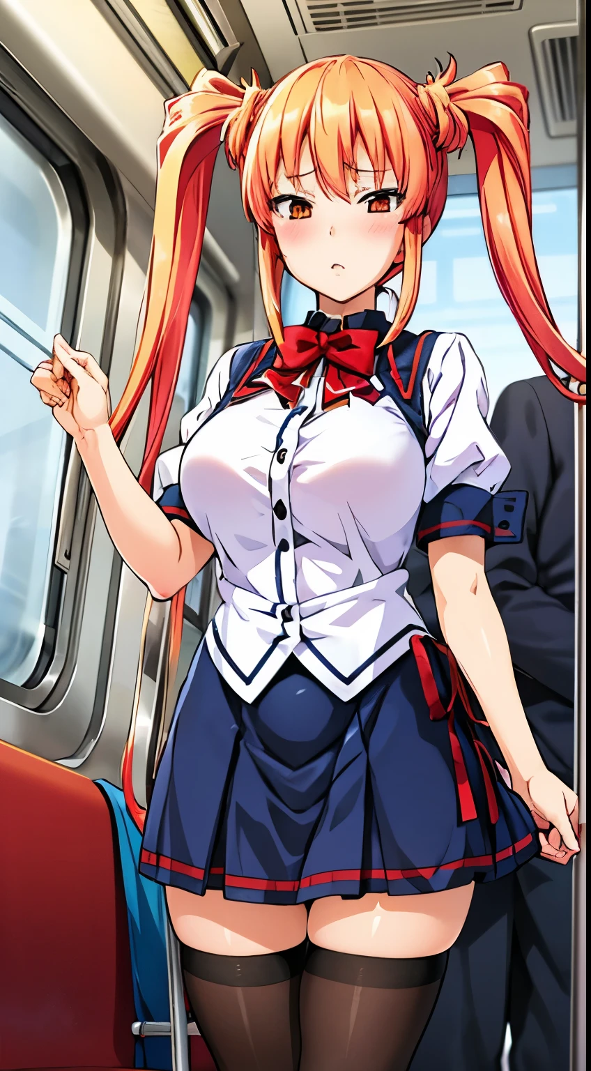 takeda hiromitsu style, saki mizuhara , 1 girl, orange hair,shirt, bowtie, skirt, Thighhighs, blush, train interior , twin tails, long hair, Are standing,１with people,