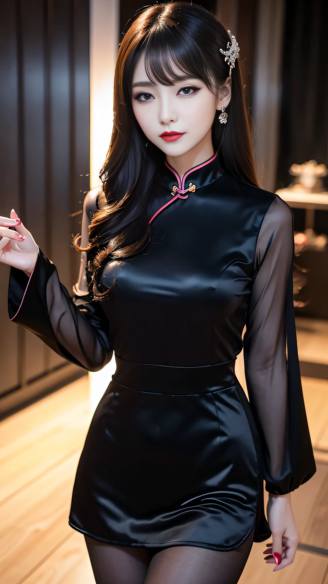 tra-detailed、Japanese、attractive beauty、seductive adult woman、pretty woman、piercing eyes、cool girl、wavy hair、swept bangs、Long Black Cheongsam、wide sleeves、Evil cadres、evil depravity、brainwash、mind control、lipstick、lip gloss、dark makeup、smirk、evil look、evil、hollow eyes,half-closed eyes、empty eyes、evil、night walk、vampire、succubus、vampire、makeup brush、Swear allegiance、stand
