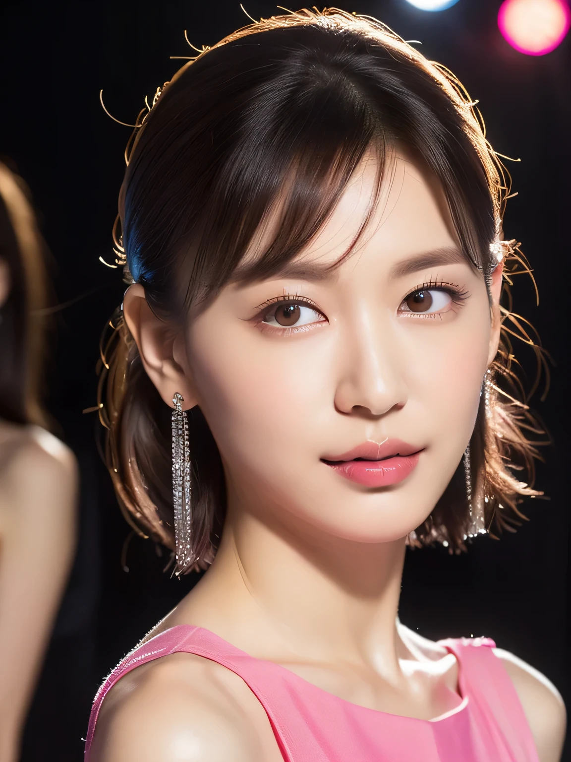 (highest quality, 4k, masterpiece :1.3), 
sharp focus, shallow depth of field, Bright colors, professional level, 
20-year-old, 1 person, (Half Japanese and German woman）, The face of a famous Japanese actress, 
Supple body :1.3, model body shape:1.5, perfect style：1.4, 
narrow shoulders, beautiful clavicle, long and thin legs, 
delicate body shape, The beauty of slim abs :1.2, thin waist :1.2, 
super detailed skin, Fair skin, Shiny skin, super detailed face, 
slim facial contour, beautiful small face, Beautiful lined nose, 
super detailed eyes, long slit eyes, brown eyes, double eyelid, Beautiful thin eyebrows, fine long eyelashes, 
super detailed lips, plump lips, glossy pink lips, flushed cheeks, beautiful teeth, 
Beautiful actress&#39;s ennui makeup, pink lipstick, 
dark brown hair, delicate soft hair, 
(hair up, medium short hair, ponytail:1.2), 
layer cut, (dull bangs:1.2), 
(stylish looking earrings,necklace,bracelet,shiny nail art:1.2), 
cute smile, open mouth half way, Enchanted expression, ((Staring at the viewer)), 
(((photorealism,Shoot the whole body from the thighs:1.5))), ((The body is facing sideways)), 
Photographed directly from the front, dynamic lighting, 

(Dress up in a tight polka dot dress:1.2), 

((The crystal clear waters of a tropical resort, Immerse yourself in water up to your waist:1.2)), 
The midsummer sun shines on the whole, 
