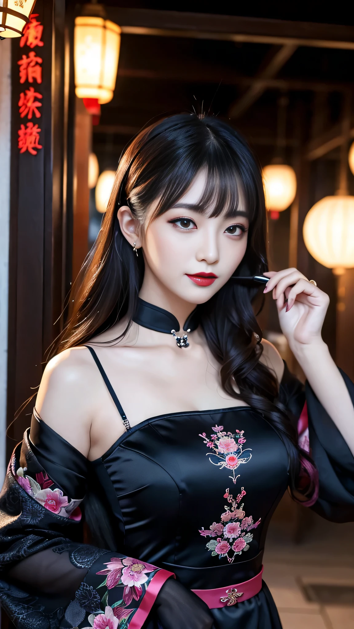 tra-detailed、Japanese、attractive beauty、seductive adult woman、pretty woman、piercing eyes、cool girl、wavy hair、swept bangs、Long Black Cheongsam、wide sleeves、Evil cadres、evil depravity、brainwash、mind control、lipstick、lip gloss、dark makeup、smirk、evil look、evil、hollow eyes,half-closed eyes、empty eyes、evil、night walk、vampire、succubus、vampire、makeup brush、Swear allegiance、stand