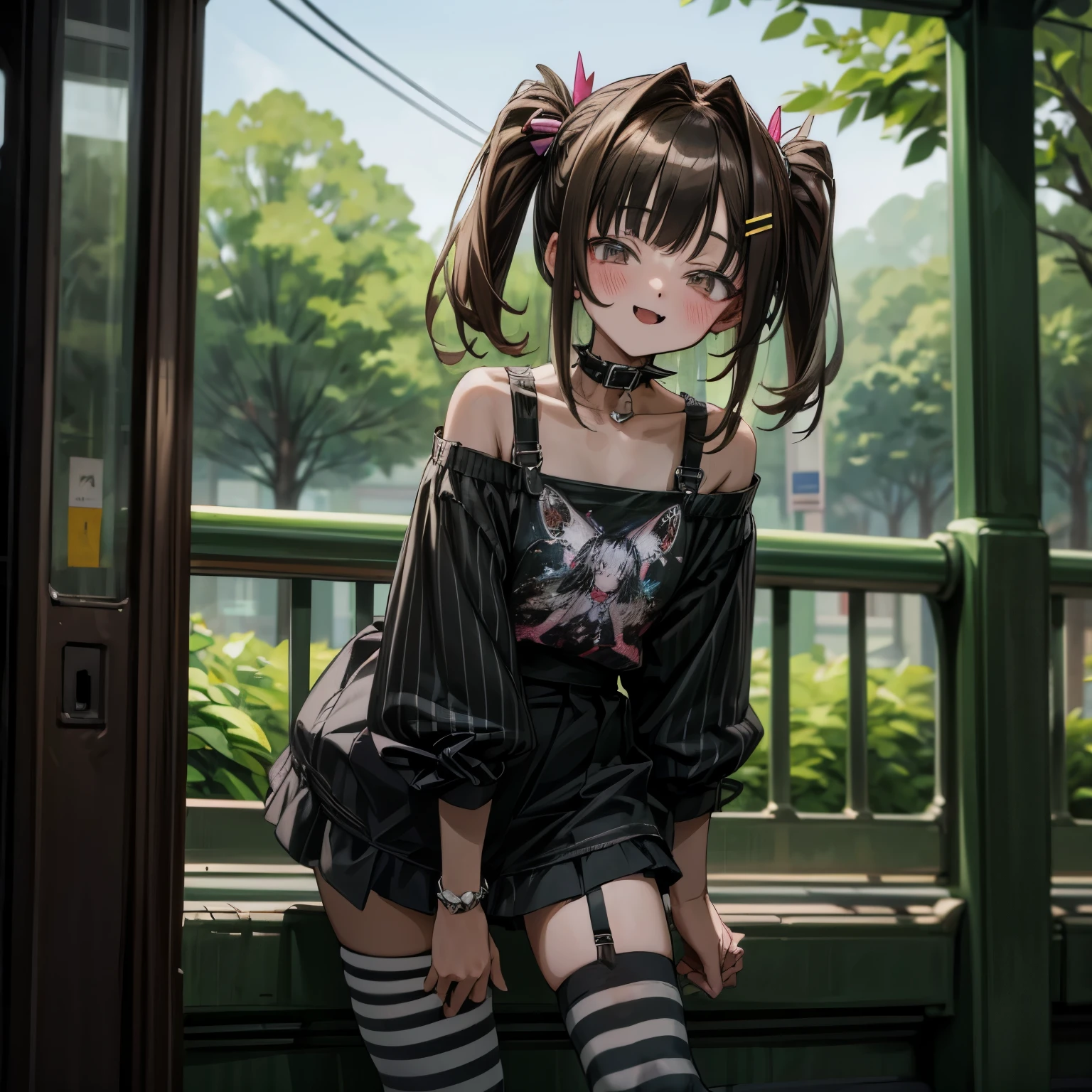 ((Masterpiece)), (Anime:1.5), ((best quality)), (RAW photo:1.2), (High Definition:1.3), (Professional Photography:1.2), (glowing light), 1girl, ((************)), cartoon girl in black and white outfit with black and white striped socks, striped, solo, collar, striped thighhighs, spiked collar, shirt, (off shoulder), looking at viewer, brown eyes, hairclip, spikes, brown hair, blush, hair ornament, smile, fang, fang out, off-shoulder shirt, (In front of bus stop),