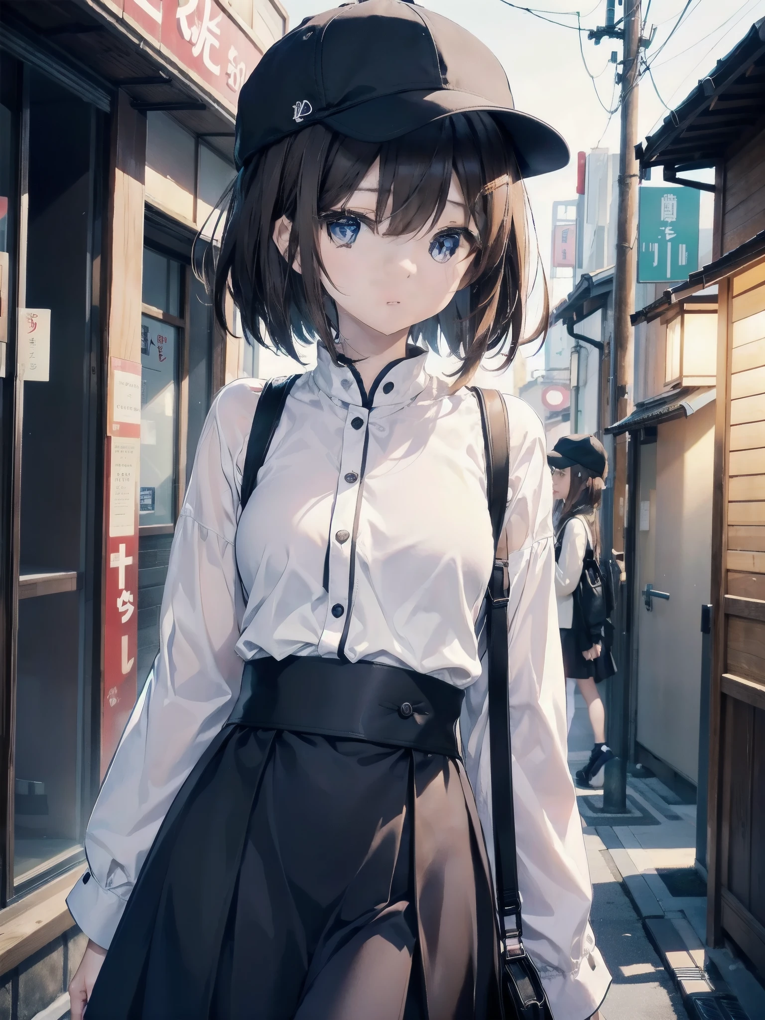 A 28-year-old Japanese woman is walking down the street.、she is wearing casual clothes、She wears a cap with a black brim and a white front.、she is wearing a long black skirt、She is wearing a peplum blouse、She's looking at us、She is a slender woman with dark brown hair and a fluffy long bob.、small breasts、slender、A cup breasts、An illustration、二次元An illustration、Japan anime、drawn by Japanese ilastrator、high resolution、4K quality、high quality、High resolution、5 million pixels、high detail、