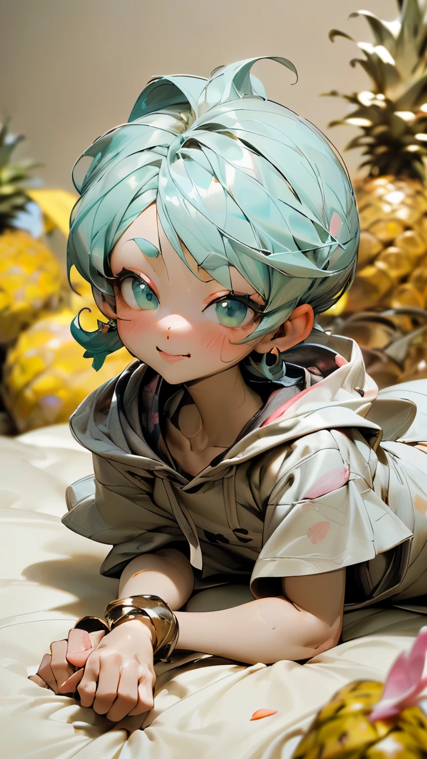 ((masterpiece,very detailed、movie lighting、best angle)),(beautiful and fine eyes,close up of face)、(ちびwhole body、cute、3D、light blue hair、Hair styling、short hair、chignon hair:1.3),Bryce、Break,((No eyebrows:1.5))、(well-groomed face、well-organized body、glossy lips、Yokohiro's mouth、blush、very detailed eyes:1.3),(pineapple、Chibi Muku、whole body、innocent smile:1.3)、(Hooded pajamas、pineapple、Chibi wearing a hood、The gesture of putting on the hood、earrings、Luminous bangles、lie down、indifference、Elegant time、smile、petal、barefoot、are on the bed:1.5)
