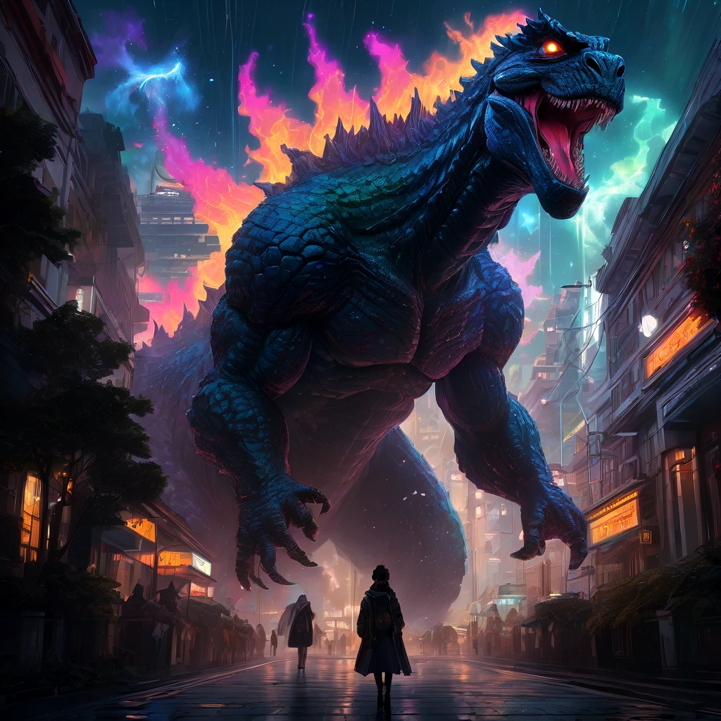 Godzilla, aesthetic, christzilla, epic scene, colors, holy, full body, galaxy, and, stars, atmosphere, unreal engine, pixar, video game, ethereal, insanely detailed, symmetrical, concept art, peter mohrbacher, charlie bowater, artstation, cinematic, video game, digital painting