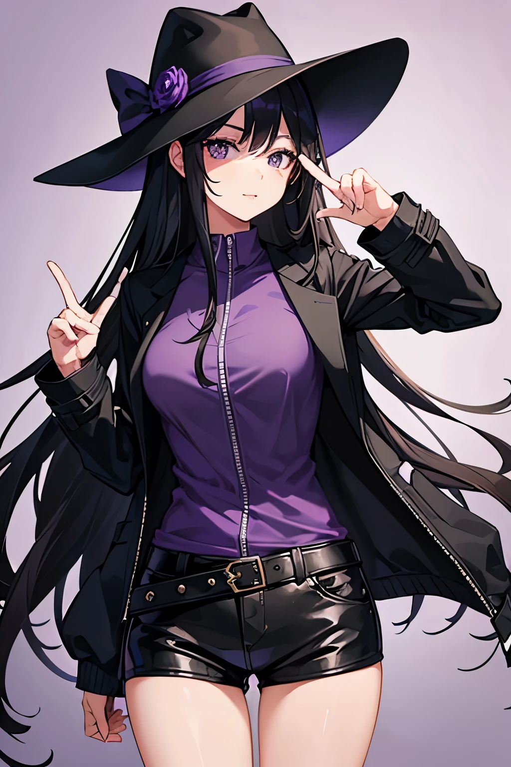 1girl, long black hair, unzipped black jacket purple shirt underneath jacket, black eyes, 20 years old, peace sign, wearing a purple cowboy hat, 8k, high quality