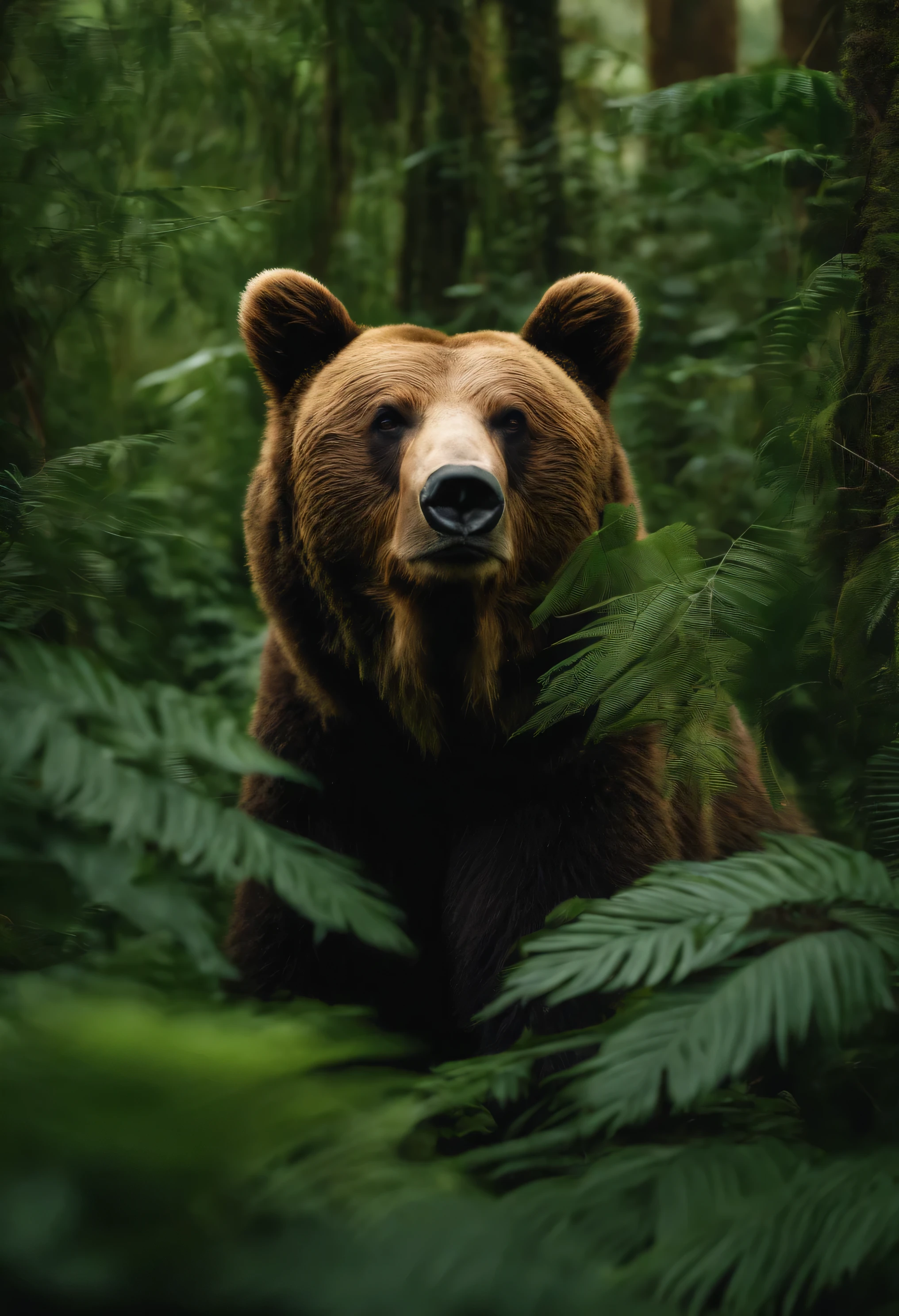 High nation-geographic symmetrical close-up portrait shoot in green jungle of an expressivethree headed bear
 , anamorphic lens, ultra-realistic, hyper-detailed, green-core, jungle-core –ar 16:9 –q 2 –v 5