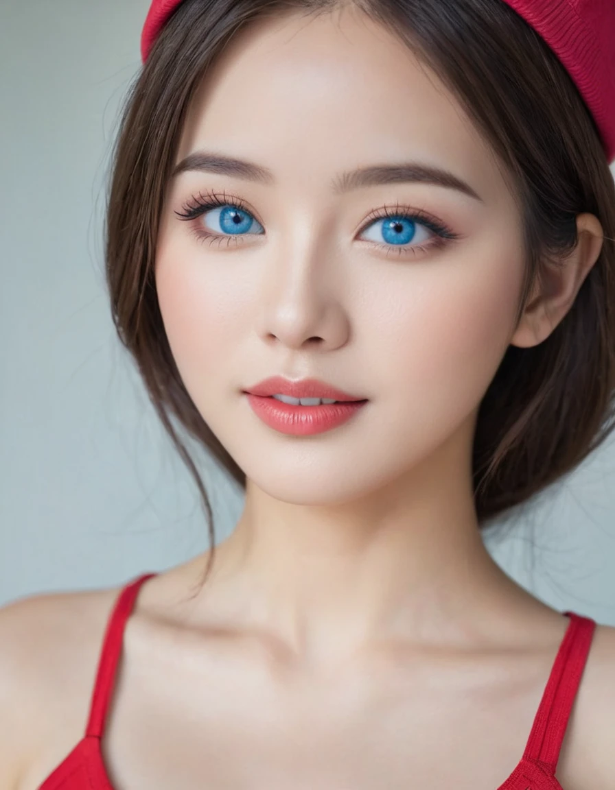{"shot":"close-up","gender":"female, woman","ethnicity":"asian malay girl","hair":{"type":"long","texture":"straight","color":"red"},"face":{"shape":"rounded","description":"beautiful face","eyes":{"color":"blue eyes","description":"beautiful eyes","makeup":"eyeliner"},"nose":"big nose","mouth":{"description":"beautiful lips","state":"close mouth with smile","color":"pink lips"}},"attire":{"headwear":"red baseball hat"},"settings":"onstage background"}