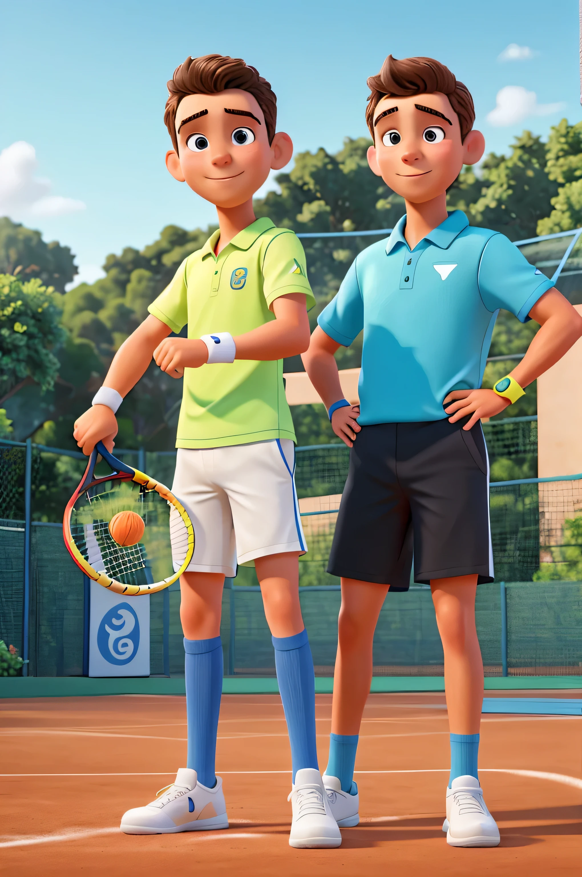 young tennis player with a racket in his hand and his experienced tennis teacher, Outdoor tennis court, dia ensolarado, desenho animado, cena divertida e alegre, estilo Disney Pixar