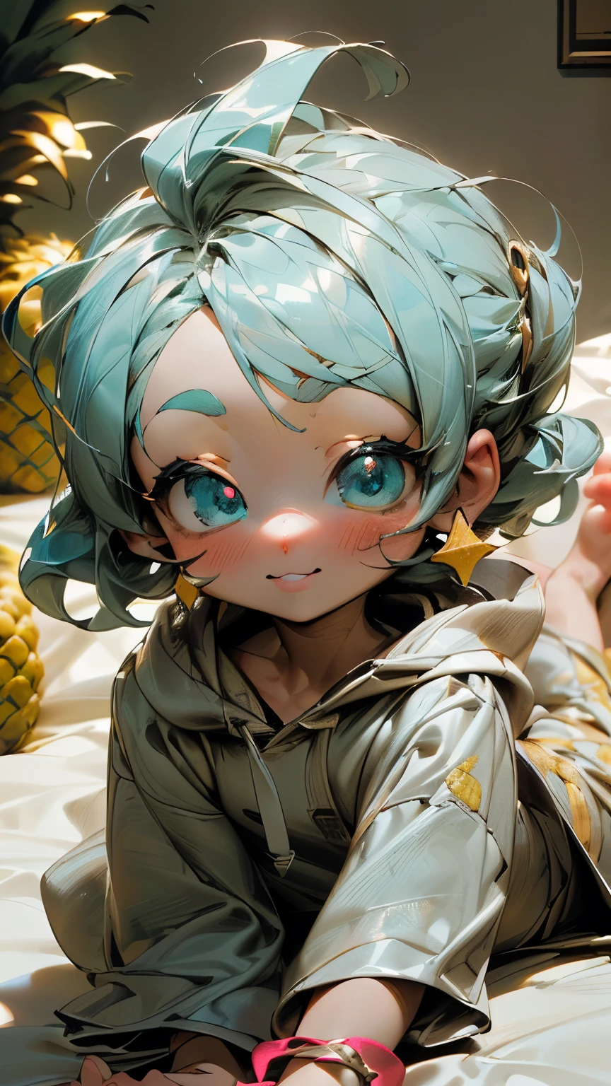  ((masterpiece，very detailed、movie lighting、best angle))，(beautiful and fine eyes，close up of face)、(ちびwhole body、cute、3D、light blue hair、Hair styling、short hair、chignon hair:1.3),Bryce、Break,((No eyebrows:1.5))、(well-groomed face、well-organized body、glossy lips、Yokohiro&#39;s mouth、blush、very detailed eyes:1.3),(pineapple、Chibi Muku、whole body、innocent smile:1.3)、(Hooded pajamas、pineapple、Chibi wearing a hood、The gesture of putting on the hood、earrings、Luminous bangles、lie down、indifference、Elegant time、smile、barefoot、chibi on the bed:1.5)
