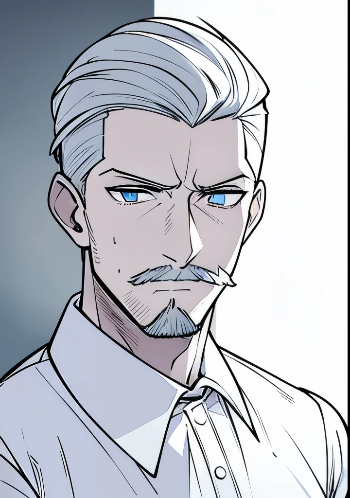 Young Adult male, white and tender skin, pale blonde slicked back combed short hair, kaiser mustache, ducktail beard, steel blue eyes, green and slightly mature, serious and emotionless facial expression, wearing white bottom long sleeve shirt with collar, portrait style, facing forwards