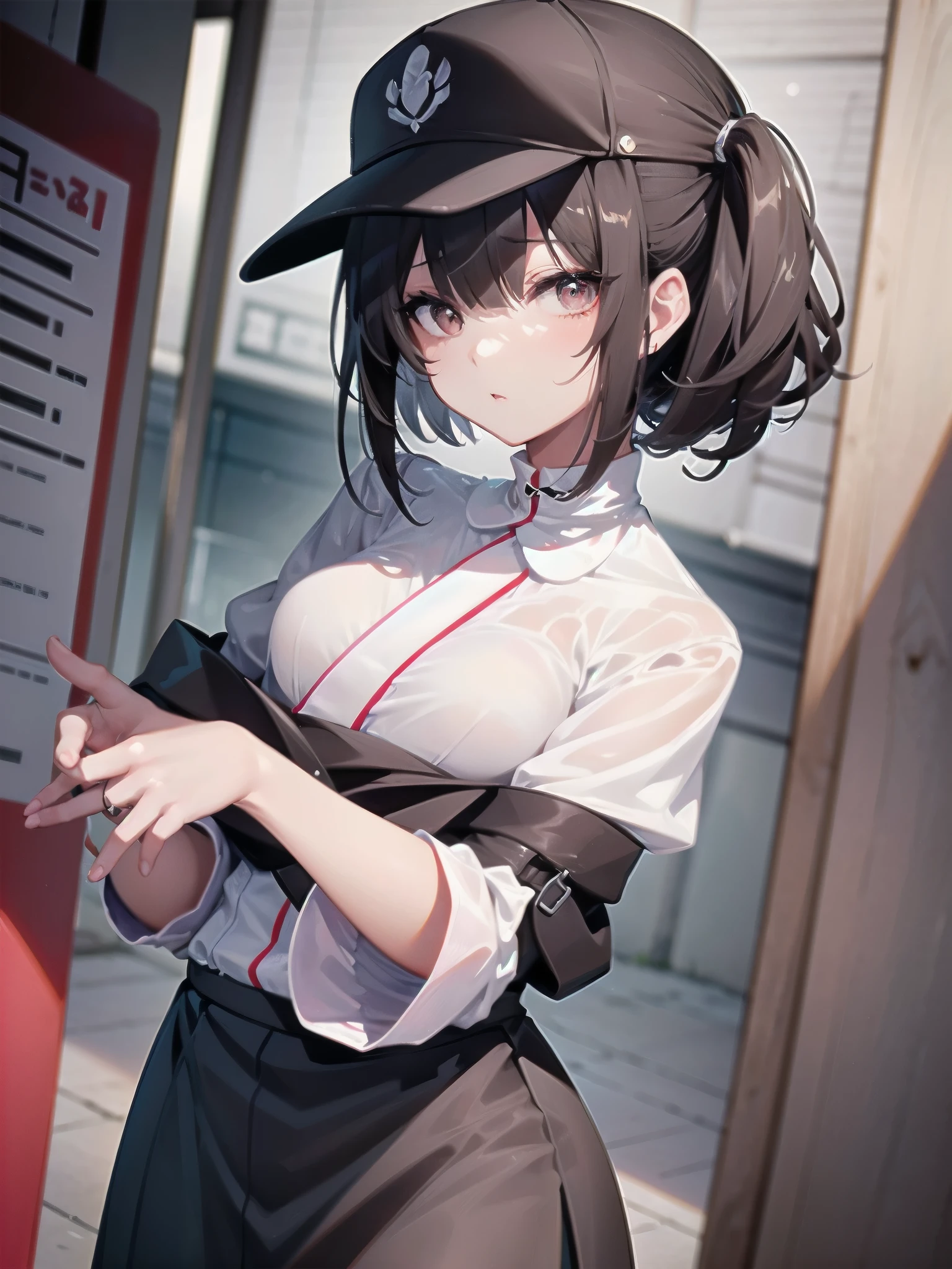 A 28-year-old Japanese woman is walking down the street.、she is wearing casual clothes、She wears a cap with a black brim and a white front.、she is wearing a long black skirt、She is wearing a peplum blouse、She's looking at us、She is a slender woman with dark brown hair and a fluffy long bob.、small breasts、slender、A cup breasts、An illustration、二次元An illustration、Japan anime、drawn by Japanese ilastrator、high resolution、4K quality、high quality、High resolution、5 million pixels、high detail、