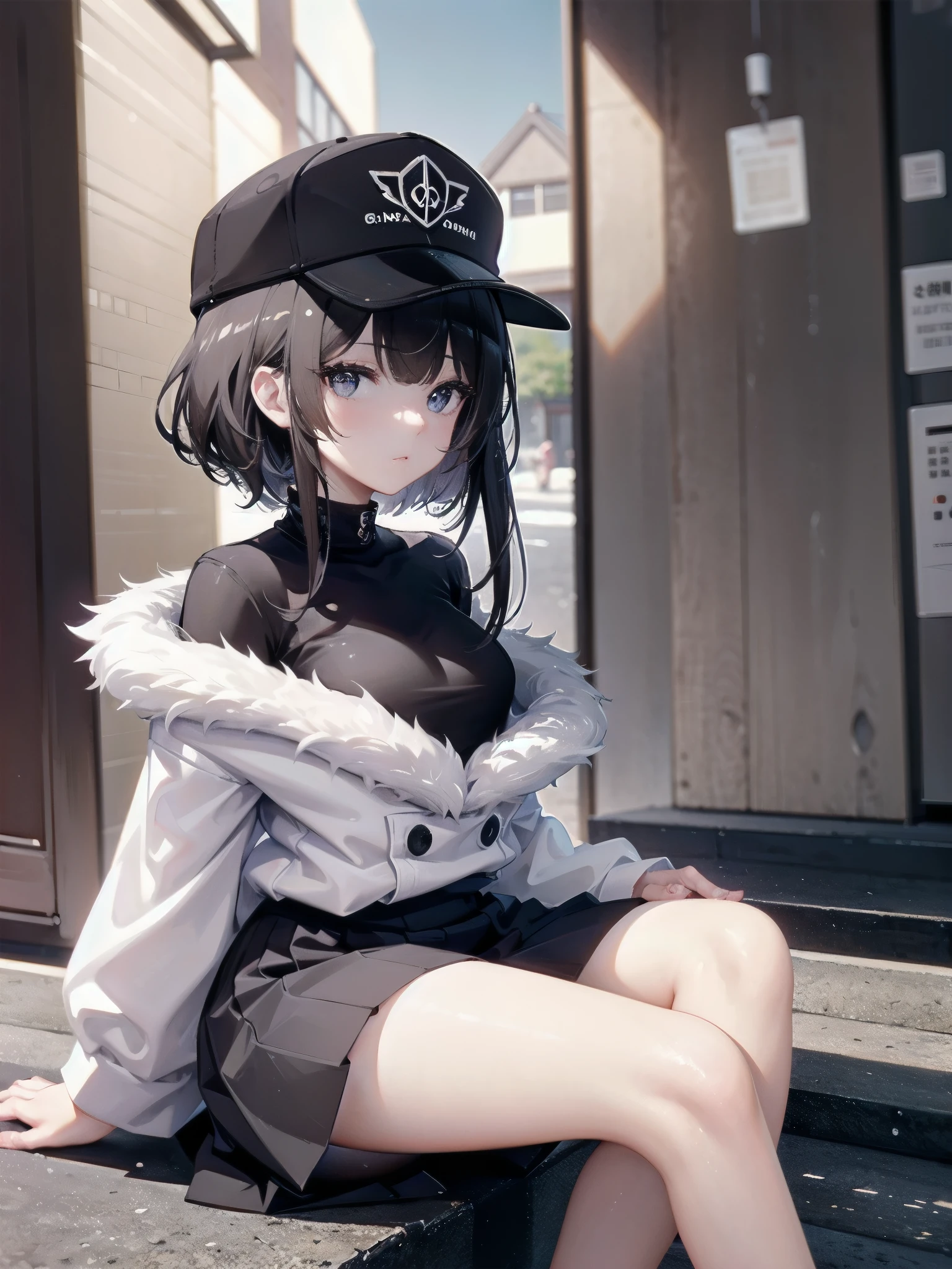 A 28-year-old Japanese woman is walking down the street.、she is wearing casual clothes、She wears a cap with a black brim and a white front.、she is wearing a long black skirt、She is wearing a peplum blouse、She's looking at us、She is a slender woman with dark brown hair and a fluffy long bob.、small breasts、slender、A cup breasts、An illustration、二次元An illustration、Japan anime、drawn by Japanese ilastrator、high resolution、4K quality、high quality、High resolution、5 million pixels、high detail、