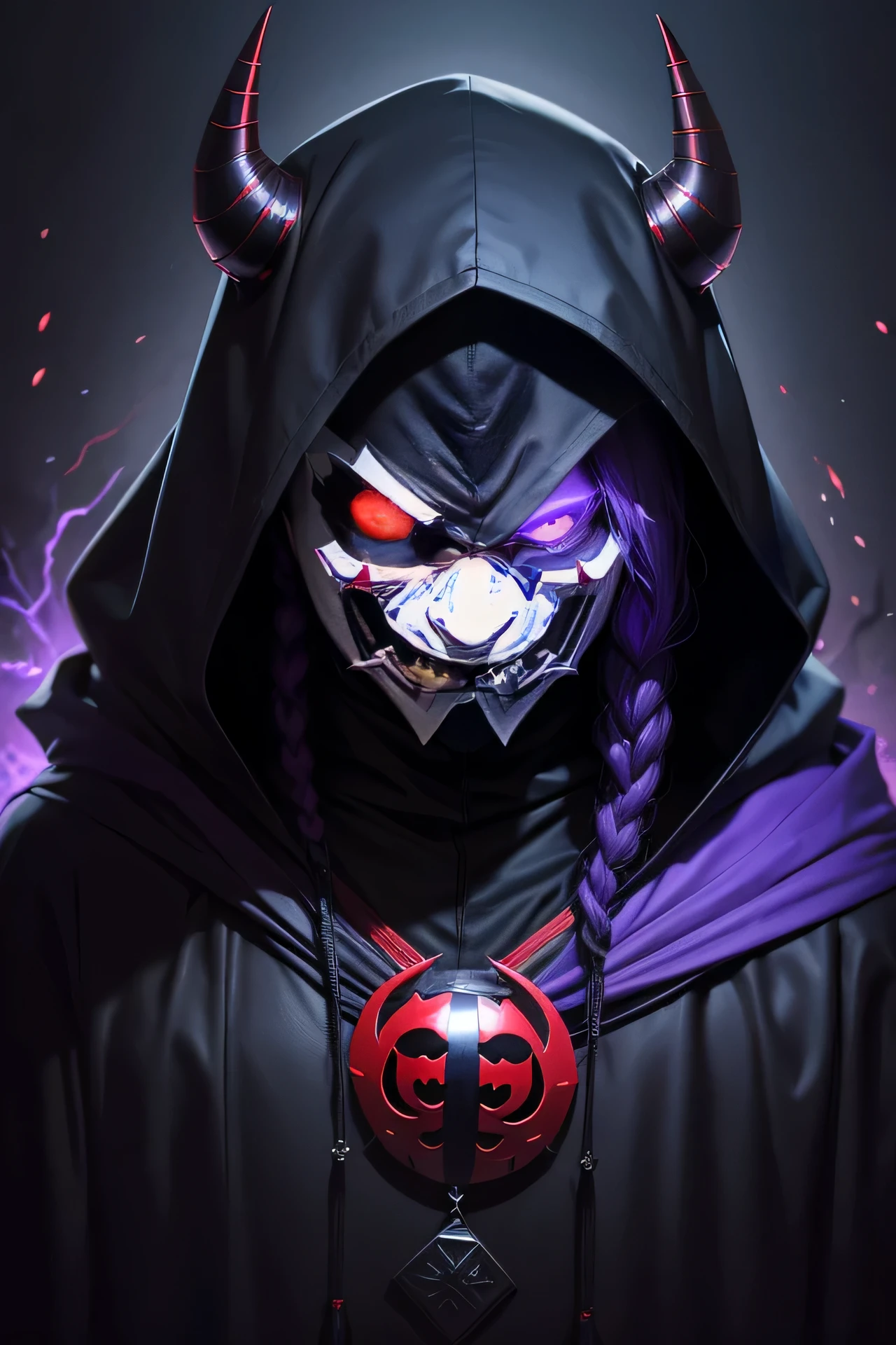 dark art dark web evil hacker,Use an anonymous mask,darkness,Ambiguous,4k,Glowing red eyes,Violet Robe,Wearing a deep blue-purple hood pulled down over his head,thick black minotaur horn,The shape of Hannya