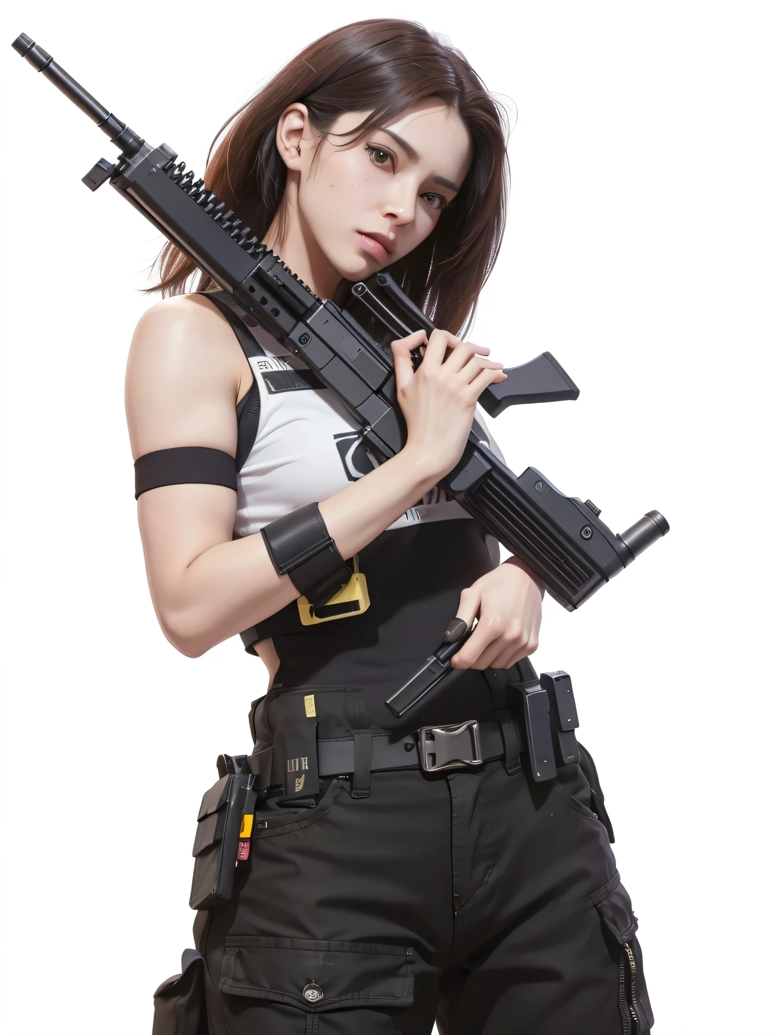 Mujer con camiseta blanca sin mangas sosteniendo una pistola y vistiendo pantalones negros, render de abril, Con fusil, inspirado en Leng Mei, m4 sopmod ii girls front line, con pistola, silent due to solid metal gear, cyberpunk 2 0 years. o model girl, tifa, renderizado de alta calidad, Chica soldado mecanizado, Arte de personajes de renderizado 3D 8 k, subfusil