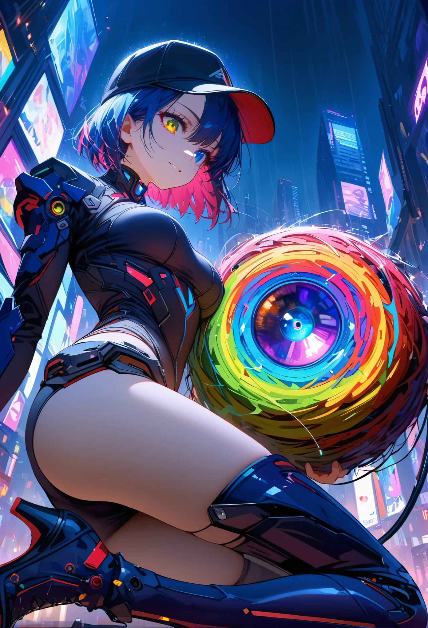 {{Masterpiece,best work}}, top quality, Ultra-detailed CG Unity,8k wallpaper, lens flare, (Detailed beautiful eyes),particle,Miss,Berry short hair,cool face,((Colorful mechanical wool)),rainbow eyes,heterochromia iridis,Big deal,黑紫色Body,Inorganic black headwear,(Perfect Body),cyberpunk,Inorganic decoration,Body,cable,low angle,Whole BodyEsbian,a sexy,high heels boots,night city,rain,Eyes looking down,perfect hands.