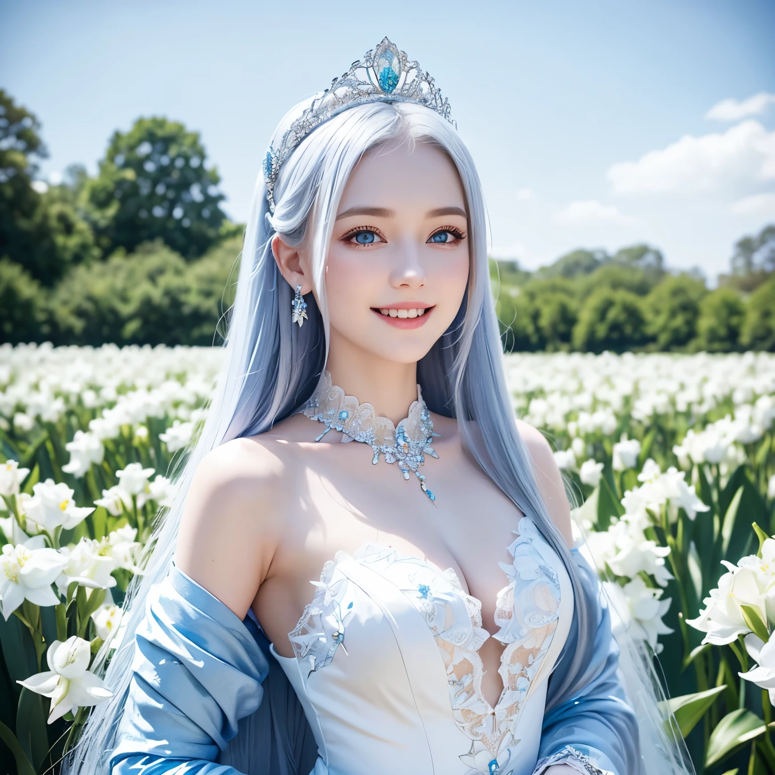 A girl with long white haired with tiara, blue eyes like jewels, wearing a dress covered with lace, smiling, standing in the field of lilies of the valley, portrait, 8k uhd, high quality