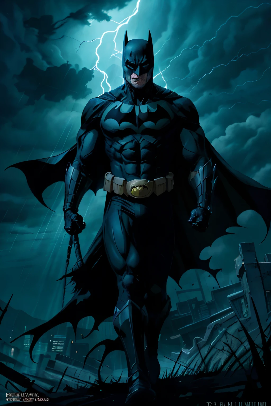 Behold the captivating cover art for "Batman: Midnight Storm," rendered in the distinctive style of The New Fauves, a contemporary movement that masterfully combines light blue and black hues. The Dark Knight stands boldly in a dynamic pose, poised for action amidst the tumultuous backdrop of a storm-ravaged Gotham City. The once tranquil night sky, now marred by the ominous ragecore lighting, reflects his unyielding determination and resilience. The intricate details of Batman's armor gleam under the dim, sinister luminescence, evoking a sense of both menace and allure. Genepunk influences