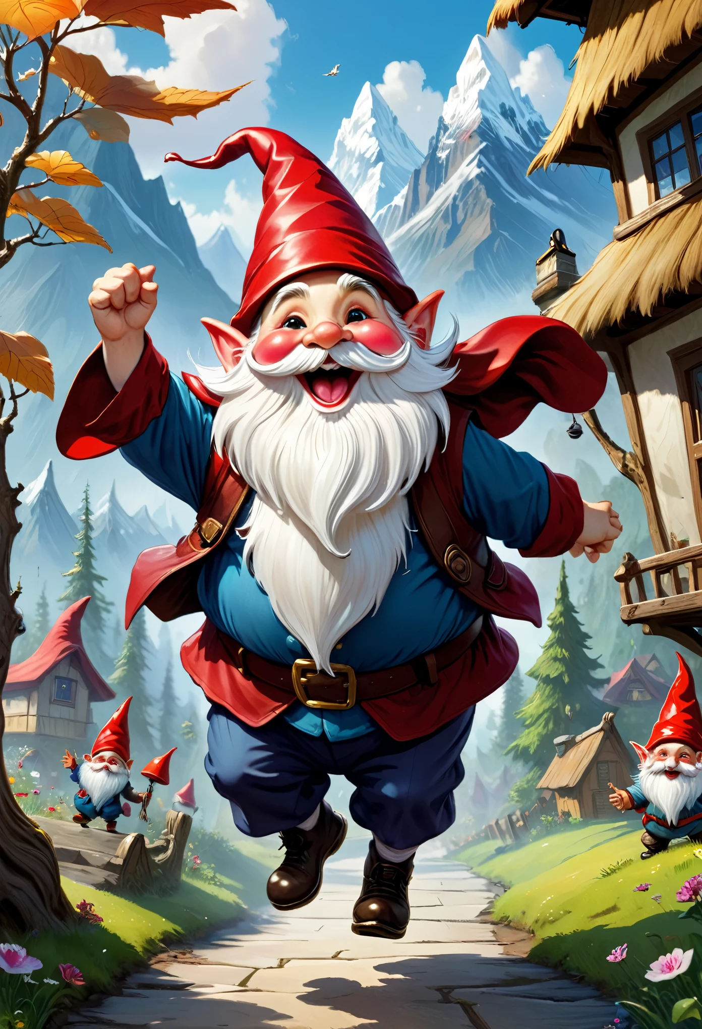 (master piece), 8k, best quality, book illustration, gnome, 40 centimeters tall, chubby, full white beard and a big mustache, red pointy hat, smiling, jumping for joy, happy.