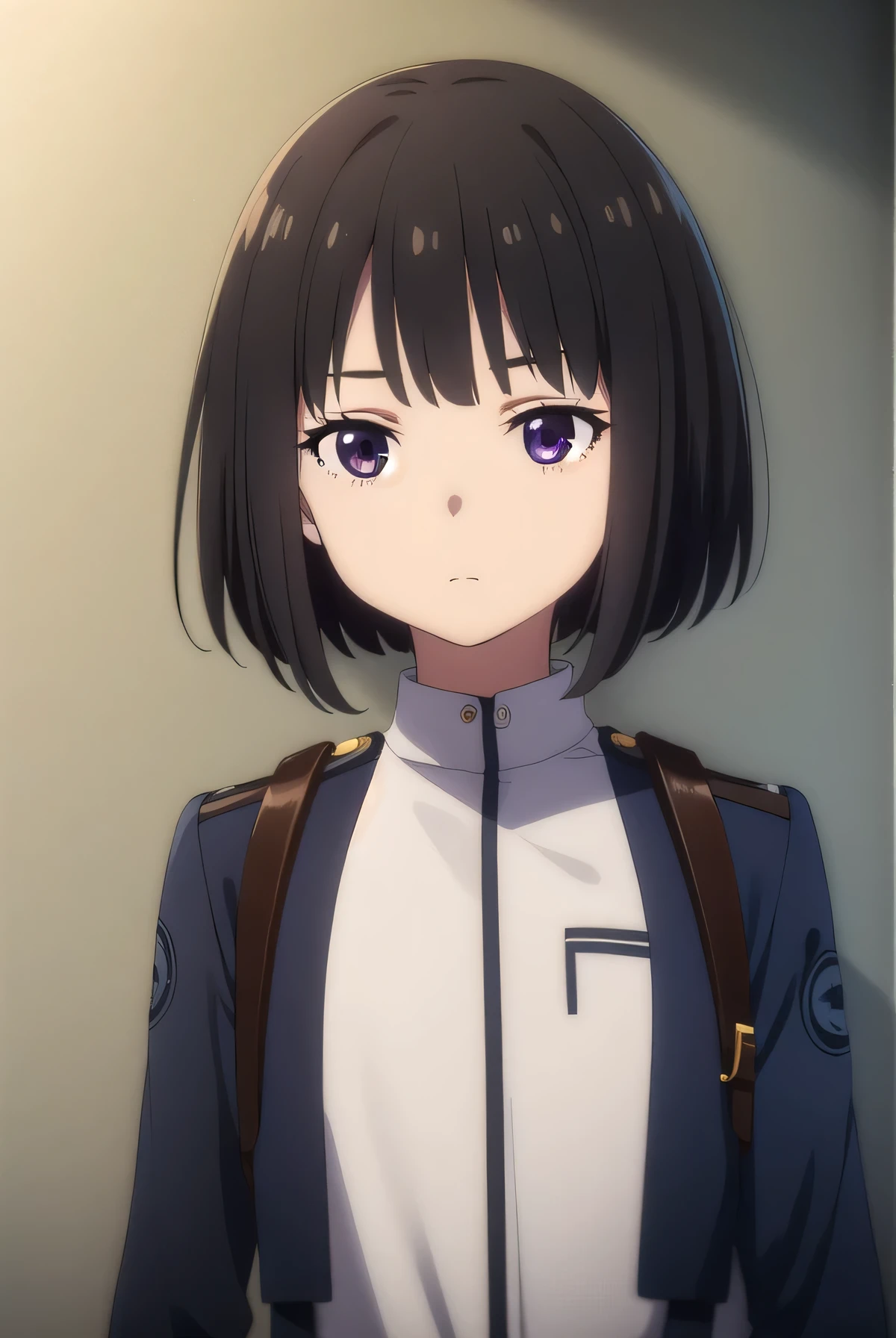 exposed back, upper body, bob hair, short hair, short bob hair, bob cut, haircut, undercut, bobbed hair, minibob, hairclips, purple eyes, lycoris uniform