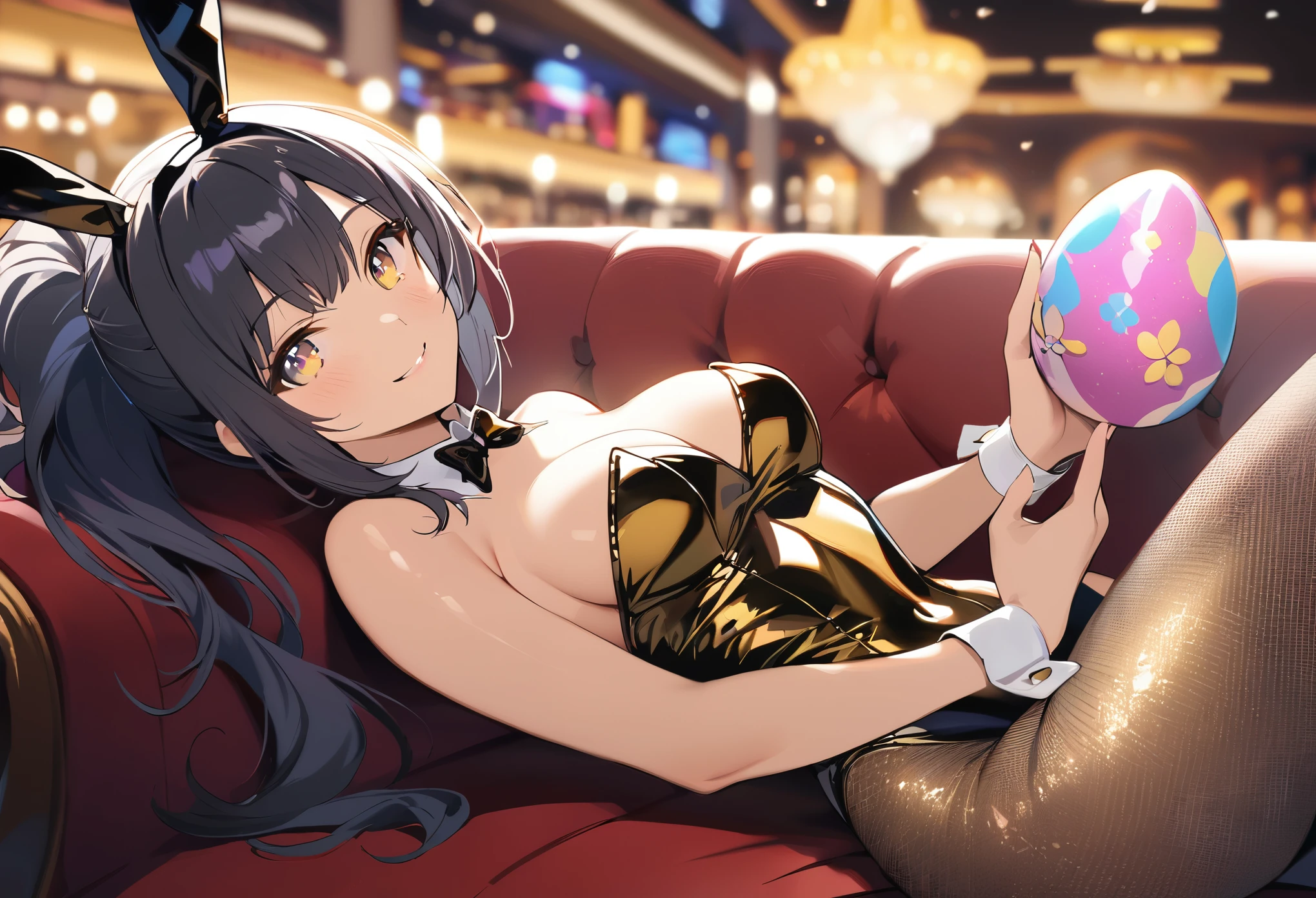 1girl,solo,smile,shiny eyes,ponytail,perfect body,shiny_skin,playboy bunny in gold and sparkling sequins,fishnet tights,holding delicately designed easter eggs,casino,lying on luxury couch,Moody and colorful lighting,looking_at_viewer,contour_deepening,depth of field,masterpiece,best quality,