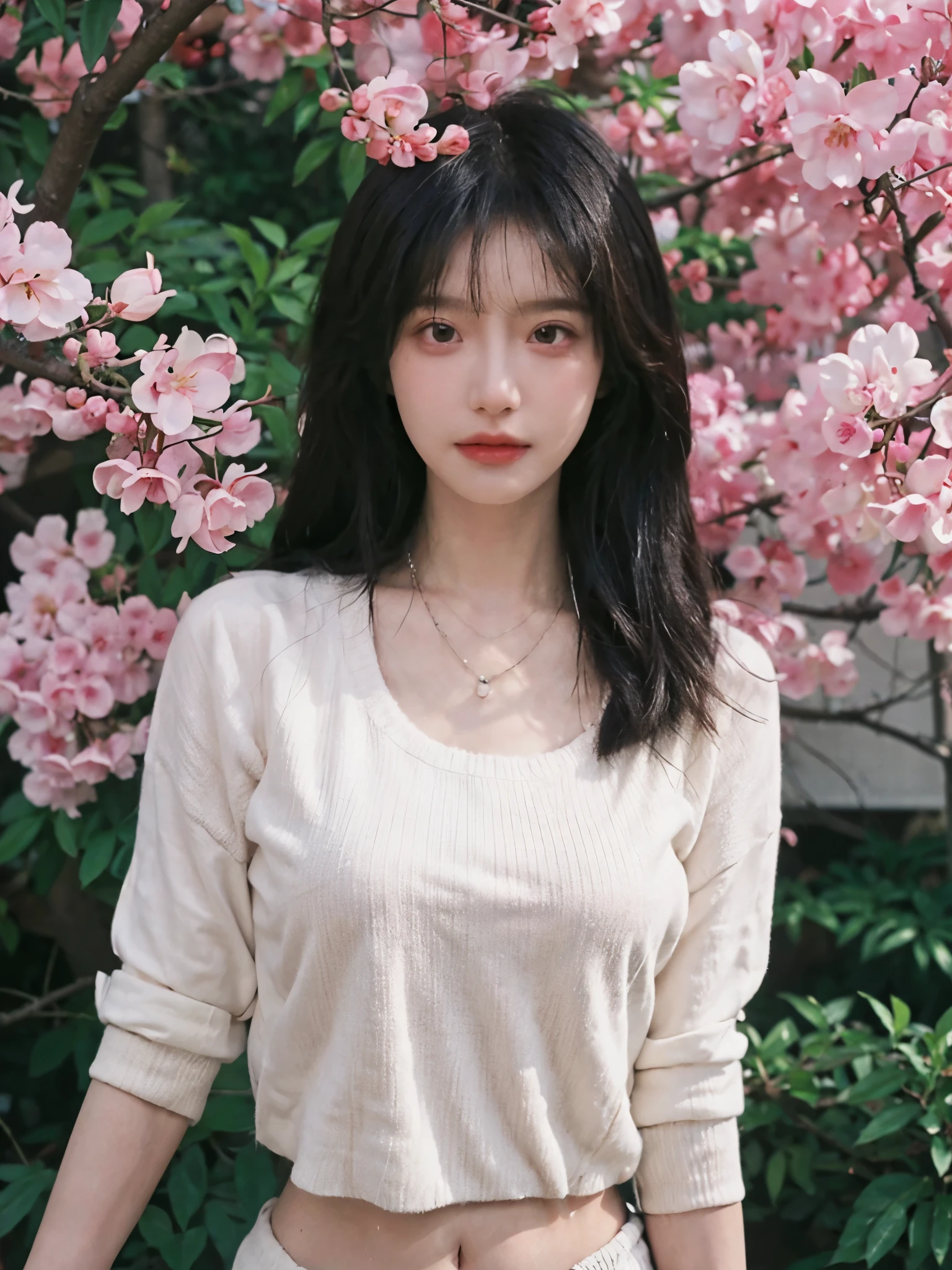 best quality, ultra high resolution, (realistically:1.4),Baoyu Girl,1 girl, long, straight hair,Looking into the distance,Under the cherry blossom tree,red short sweater,a sense of atmosphere,Beautiful woman with slim figure:1.4, abdominal muscles:1.1,,Super thin face,exquisite eyes,double eyelids,necklace