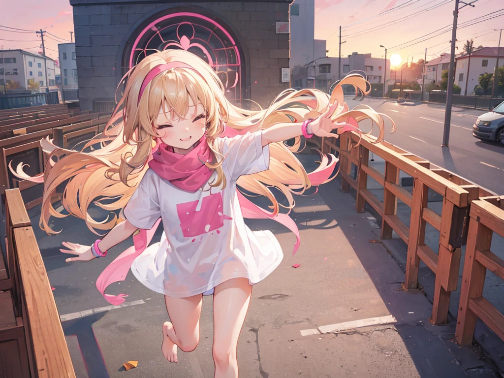 a cute 6 year old church girl named Anna, both brownish blonde hair, long wavy hair, pink white short sleeved tshirt, scarf, no pants, wearing a pink hairband, on a jog, eyes closed, sunset, slight smile, wristbands, barefoot, joyful, energetic 