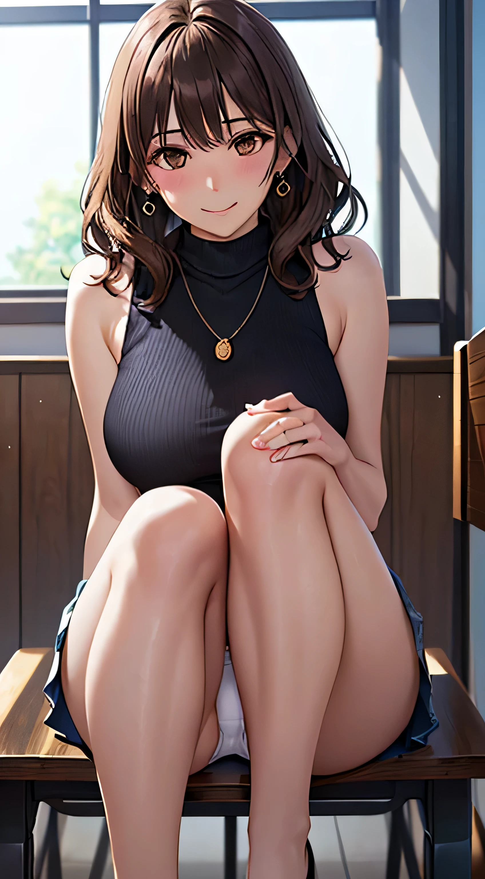 (table top, highest quality, High resolution, , perfect pixel, 4k,), 1 girl, single, alone, Beautiful woman、I could see the whole body、 ((wavy mid-length hair, bangs, brown hair)), ((brown eyes, beautiful eyelashes, realistic eyes)), ((detailed face, blush:1.2)), ((smooth texture:0.75, realistic texture:0.65, realistic:1.1, Anime CG style)), medium breasts, dynamic angle, perfect body, ((, female teacher, , earrings、necklace、Sleeveless Turtleneck Sweater、、black knee high stockings、((open both legs wide、open both knees))、Tight denim skirt、shy smile、Sitting at the pulpit、emphasize the chest、No bra、)), Upper grade、、、evening、、(You can see her pink and white lace panties、、(、)、)、