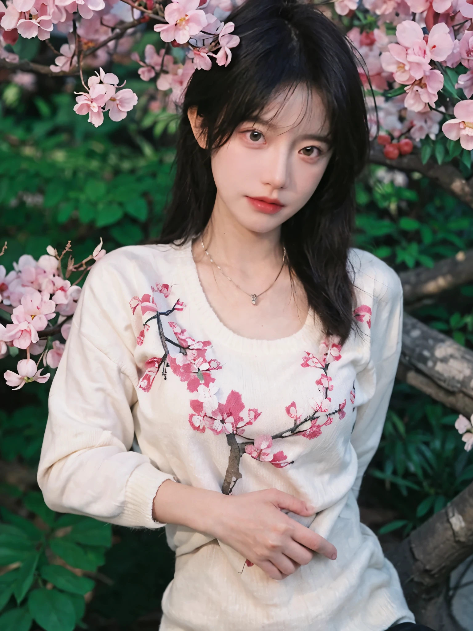 best quality, ultra high resolution, (realistically:1.4),Baoyu Girl,1 girl, long, straight hair,Looking into the distance,Under the cherry blossom tree,red short sweater,a sense of atmosphere,Beautiful woman with slim figure:1.4, abdominal muscles:1.1,,Super thin face,exquisite eyes,double eyelids,necklace