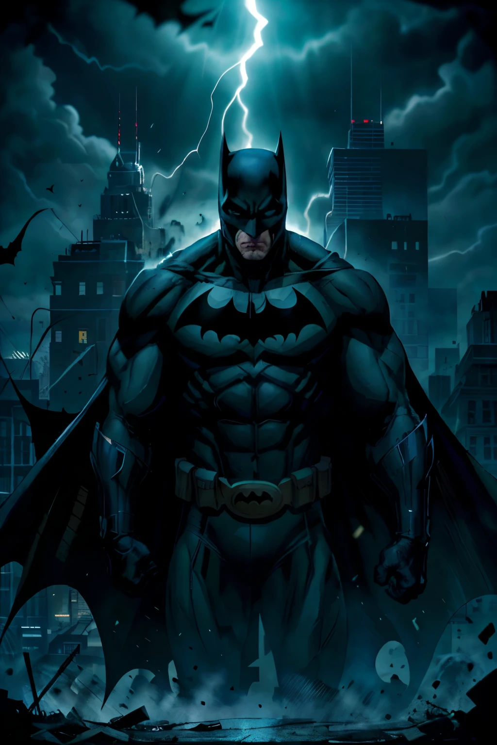 In the shadowy depths of Gotham City, the cover of a new Batman comic book unfolds. Batman, a symbol of heroic masculinity, stands tall against a backdrop of light bronze and sky-blue tones, reminiscent of The New Fauves art style. Swirling vortexes of light black and blue surround him, capturing the raw energy and intensity of the Dark Knight. The low resolution adds a gritty, traincore texture to the cover, enhancing the grit and realism of the urban landscape. The image evokes a sense of intrigue and excitement, inviting readers to delve deeper into the mysterious world of Batman.