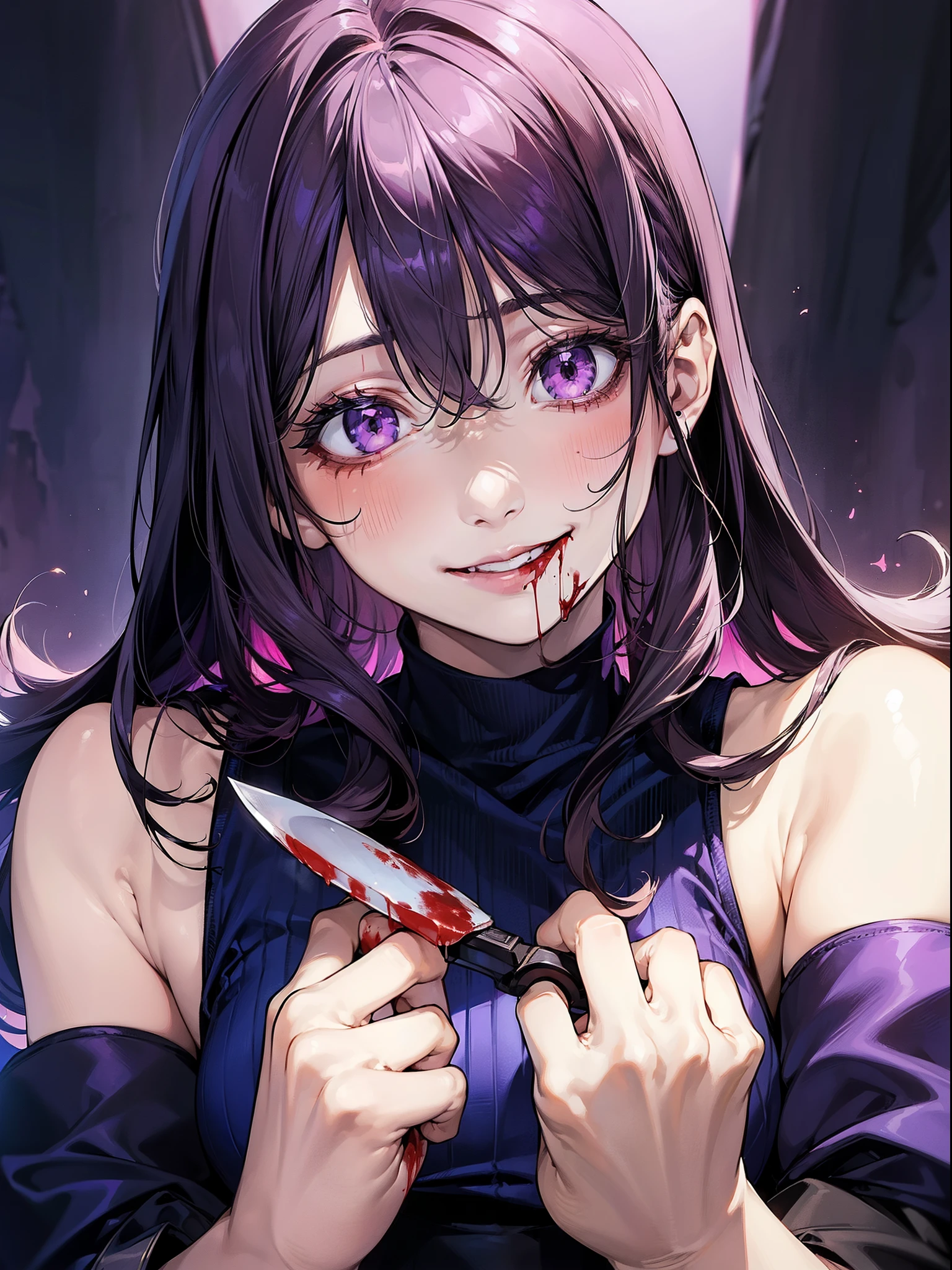 ((((unpleasant smile of a girl who loves knive, psychopath horror, a large amount of blood returned)))), light brown hair, big lips, (blood on face), ((holding knife)), juicy lips, big, (holding knife by the hand), face focus, upper body, purple eyes, glowing eyes, long hair, straight hair, parted bangs, glay purple sleeveless high neck tank top:1.5, navy pleated skirt:1.5, ), 