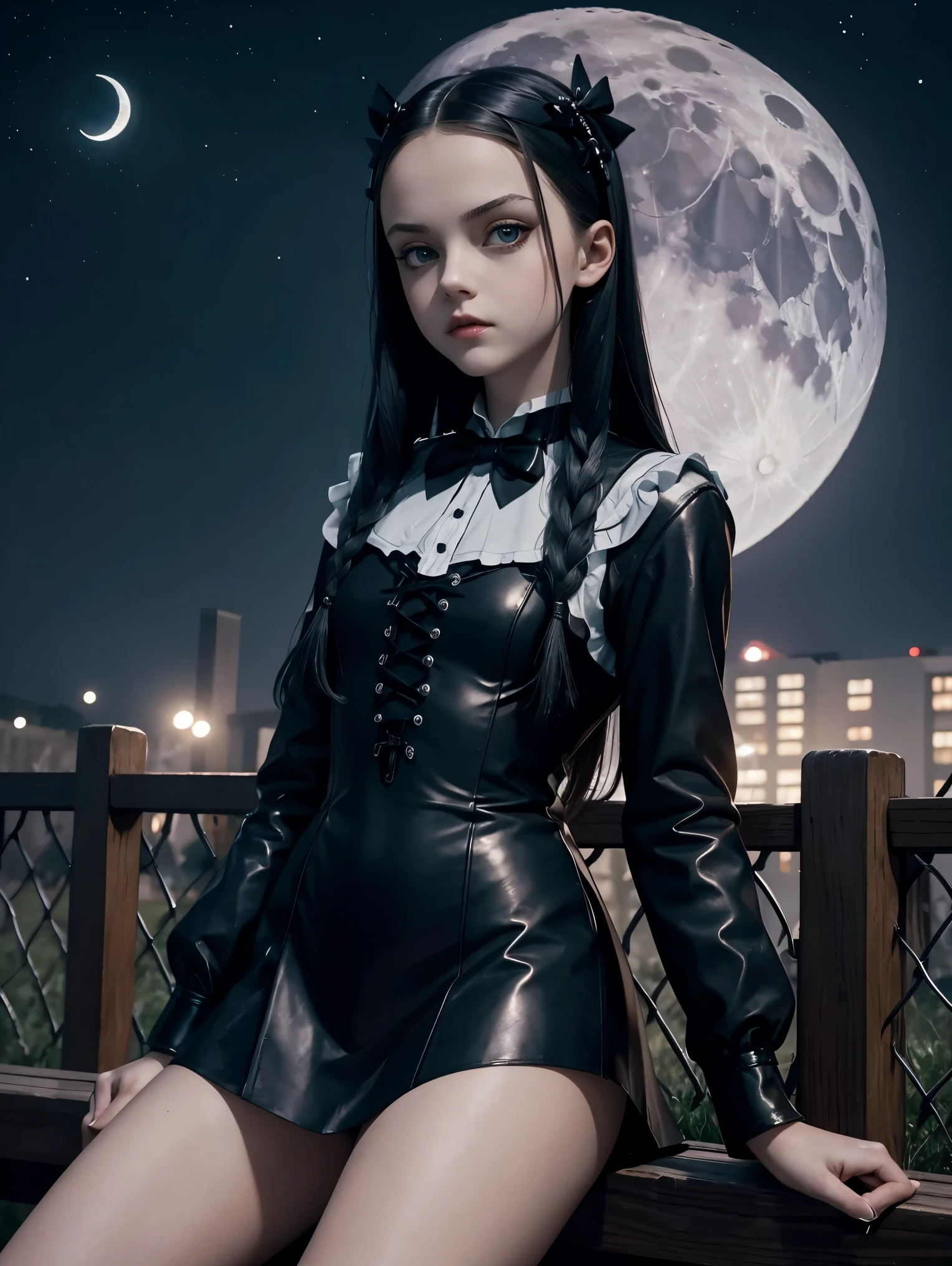masterpiece. . detailed beautiful teen sexy Wednesday Addams. . detailed short tight leather costume, . athletic. holding revolver. night. leaning on fence. . background moon.