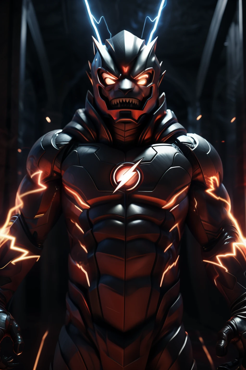 The Flash as the God of Death, clad in a metallic costume with gleaming red lines that radiate an aura of ominous intensity, stands before you in this character portrait. His fearsome countenance, framed by the quicksilver lightning that crackles around him, is enough to make even the bravest hearts tremble. The Flash's eyes, once bright and filled with the energy of life, now glow with an inexplorable and unsettling darkness. The intricate details of his costume, every rippling muscle and glowing line, are rendered in the highest quality, making this a masterpiece that demands your attention. The depth of field and motion blur effects add to the sense of