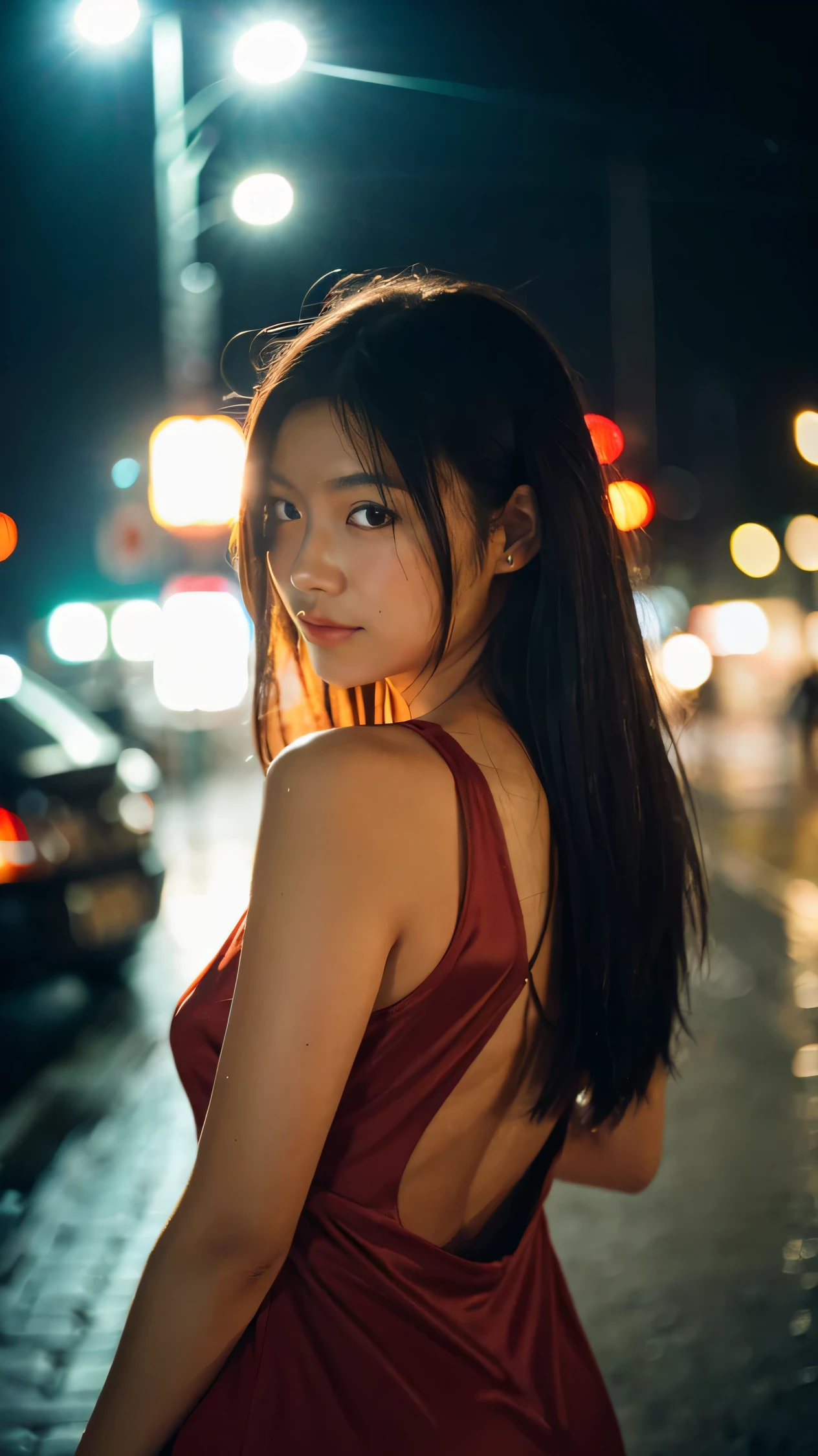 1girl,solo,long hair,Rough skin,from back,face focus,(looking at viewer:1.2),wet hair,dark,polaroid,(depth_of_field:1.5),rainy days,outdoors,street,hair between eyes,moody lighting,Tyndall effect,Cinematic Lighting,night,lamppost,lens flare,available light,rim light,glowing neon lights,curvy,Red silk dress,korea girl,