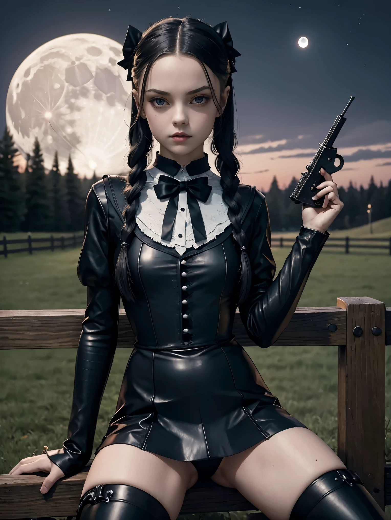 masterpiece. . detailed beautiful  sexy Wednesday Addams. .  detailed short tight leather costume, .   athletic. holding revolver. night. sitting on fence. . background moon. 