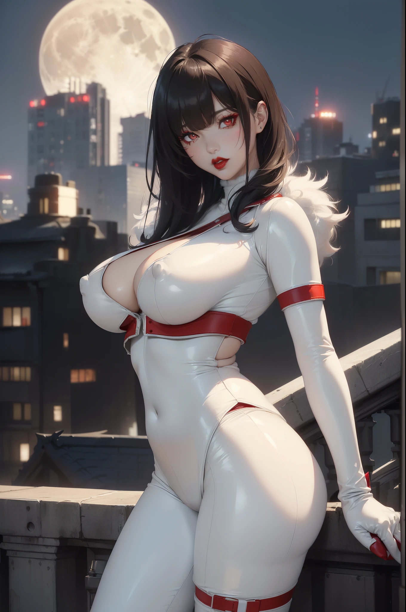(masterpiece, best quality, cinematic, photorealistic, ultra-detailed), (1girl, Japanese-looking girl:1.2), sexy body, (wide camera shot, from the front, full body shot:1.5), good hands, wide hips, (large breasts, underboobs:1.5), (round ass), (wearing a very tight white leather suit, paired with combat boots and gloves:1.5), (messy black hair with accents of red, with bangs, red eyes, detailed pupils, red lips, fluffy lips:1.4), (sensual pose:1.3), (navel is shown), (modern city buildings, rooftop, night sky, full moon), (standing in rooftop)