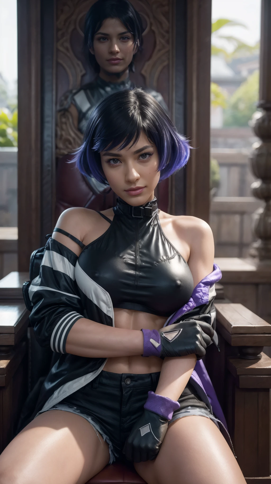 masterpiece, sexypose, Realistic, Very detailed, handsome body, Detailed body, Detailed hands, Detailed, Vibrants, Detailed Face, Reina's character design. Very detailed, Detailed body, Detailed hands, Detailed Face, anime art, extremely detailed CG unity 8k wallpaper, detailed light, Cinematic lighting, chromatic aberration, glittering, expressionless, epic composition, dark in the background, Very detailed, Detailed body, Vibrants, Detailed Face, sharp-focus, anime art, Vibrants, Detailed Face, Hugh Details, sharp-focus, Very drooping face, A detailed eye, super fine illustration, better shadow, finely detail, Beautiful detailed glow, Beautiful detailed, Extremely detailed, expressionless, epic composition, Presented at artstation, Octane Render, artstation hd, Cinematic, 4 thousand., hypermaximalist, elegant, japanese face, oriental japanese beauty face, best quality, reina, masterpiece, best quality, reina, masterpiece, best quality, reina, purple eyes, multicolored hair, choker, purple jacket, see-through, black shirt, black shorts, fingerless gloves, sitting, throne, looking at viewer, smile, head tilt, red chair, chiaroscuro, japanese architecture, nude, nipples, off-shoulder, nsfw, spread legs, show armpits, show breasts, show feet, sweating, sweat, wet